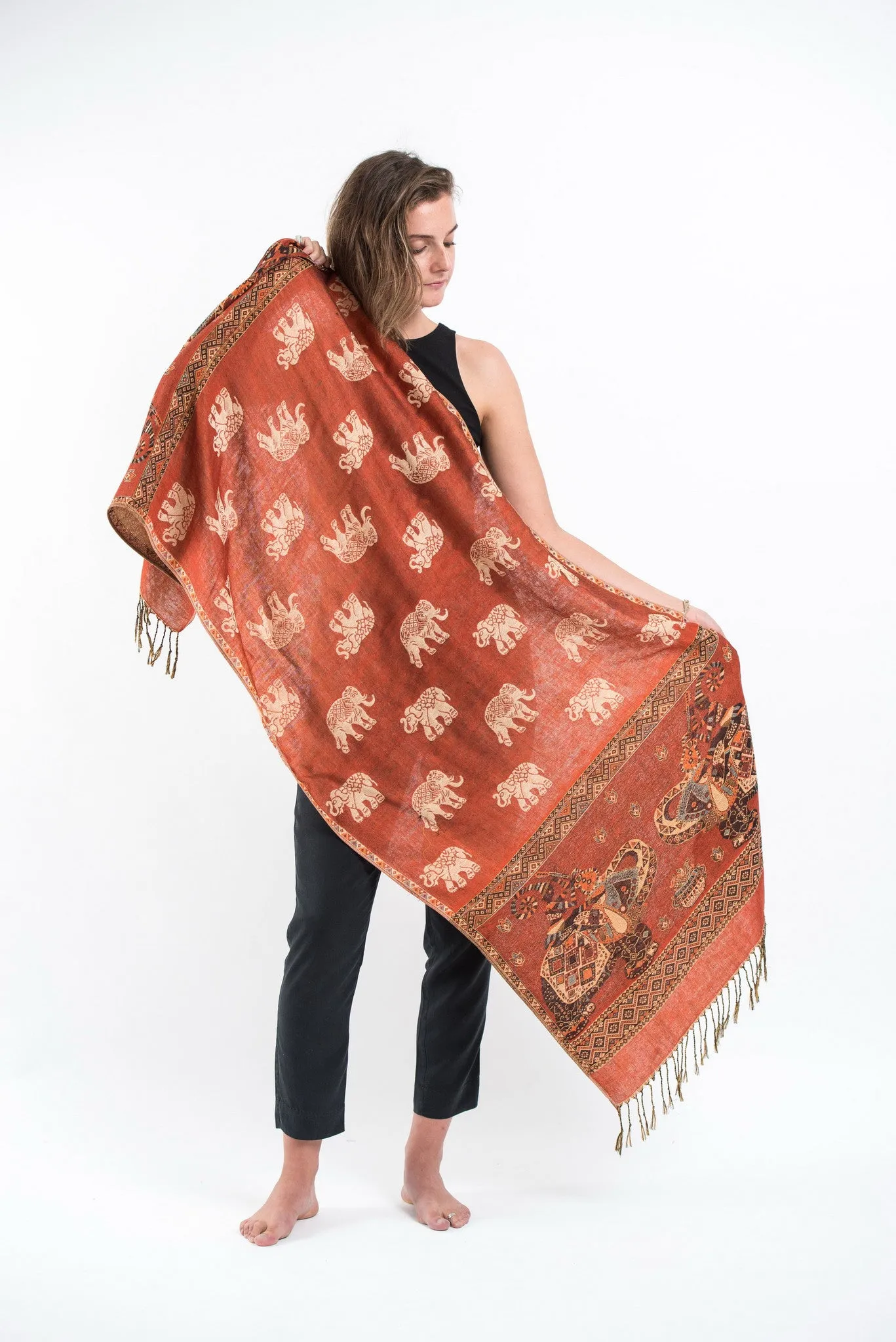 Nepal Elephant Pashmina Shawl Scarf in Orange