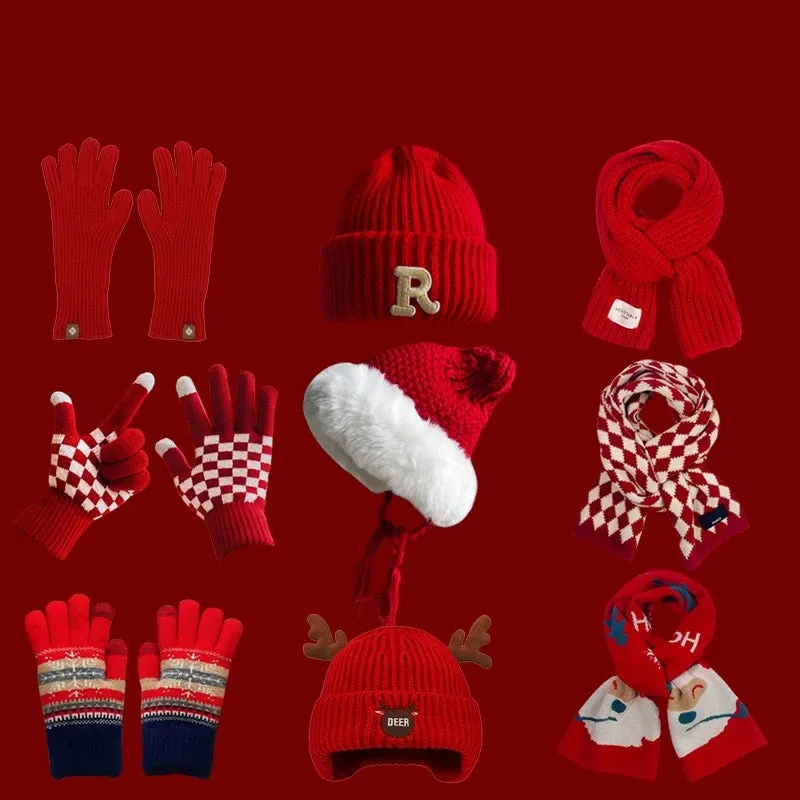 New Year Red Knit Hat  The Perfect Christmas Gift with Matching Scarf and Gloves