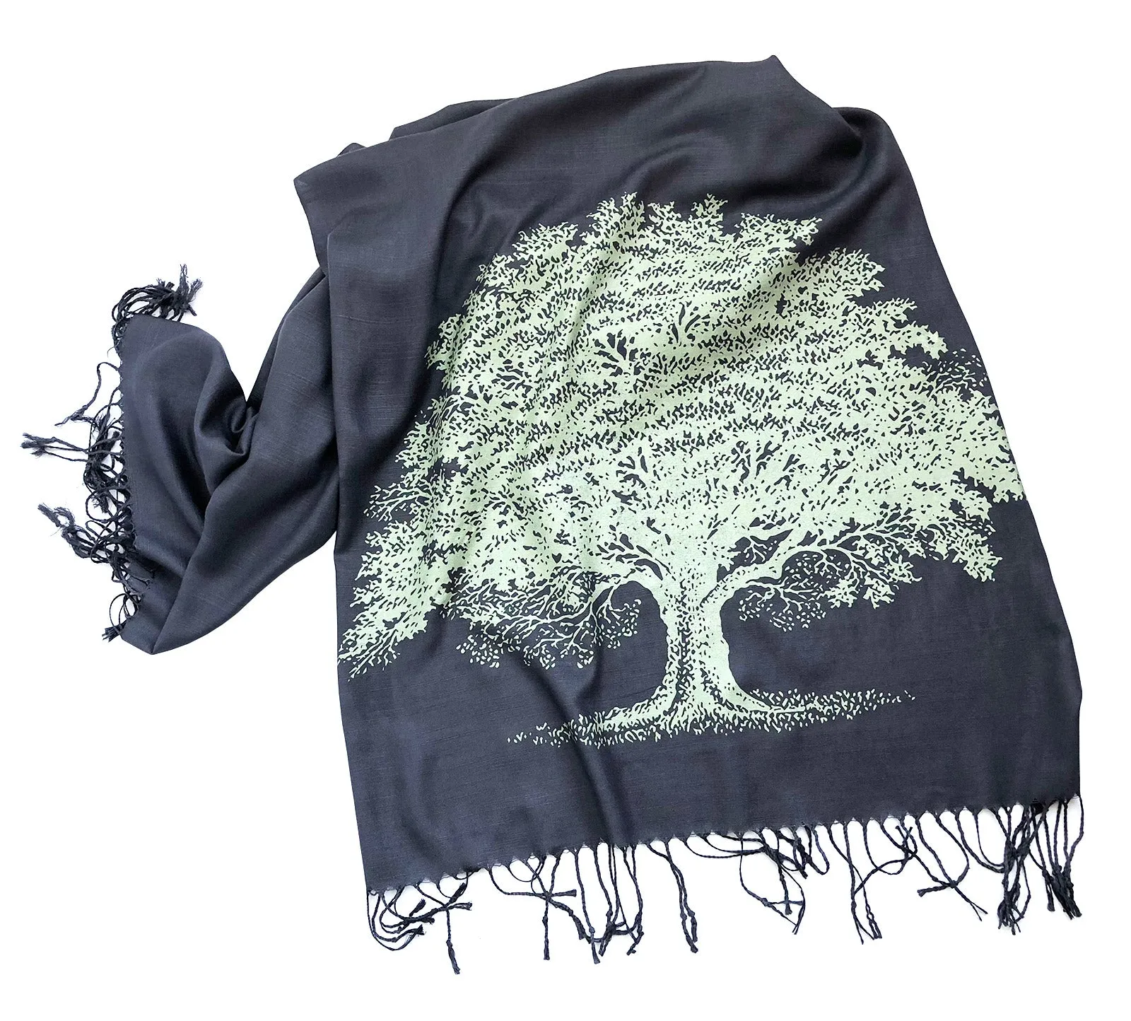 Oak Tree Scarf, Tree Silhouette Linen-Weave Pashmina