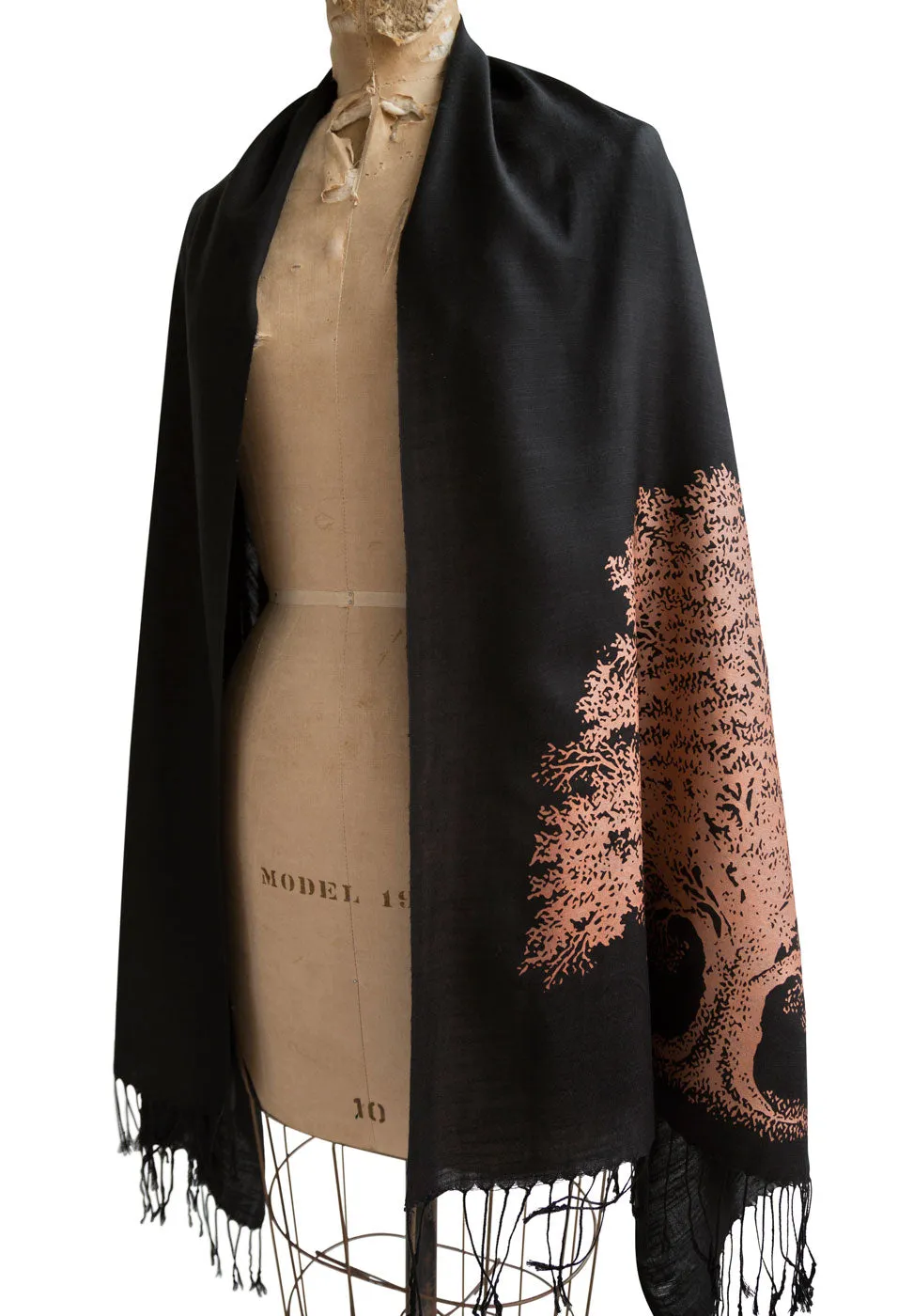 Oak Tree Scarf, Tree Silhouette Linen-Weave Pashmina