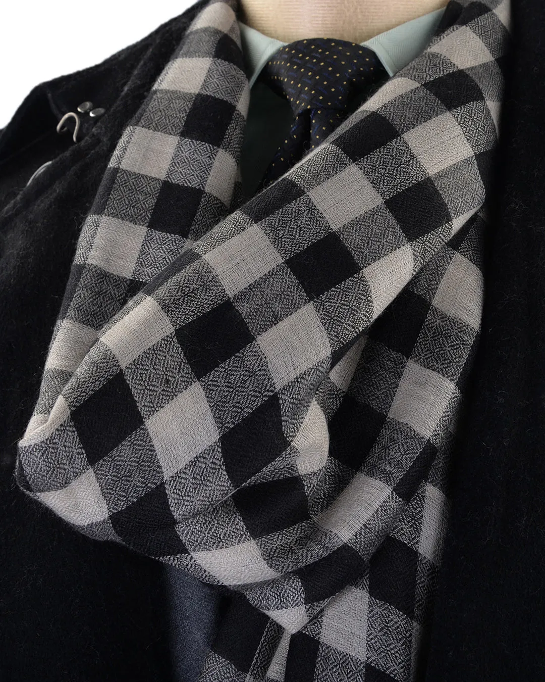 Pashmina Cashmere Wool Scarf Black Off-white Checks