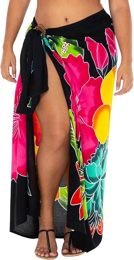 Plus Size Hand-Painted Floral Sarong Wrap - Beach Cover-Up by SHU-SHI