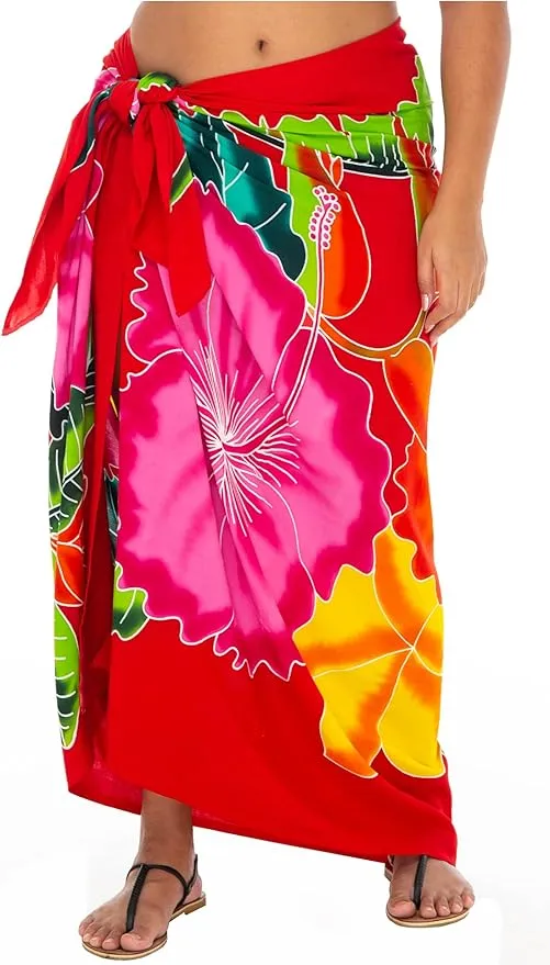 Plus Size Hand-Painted Floral Sarong Wrap - Beach Cover-Up by SHU-SHI