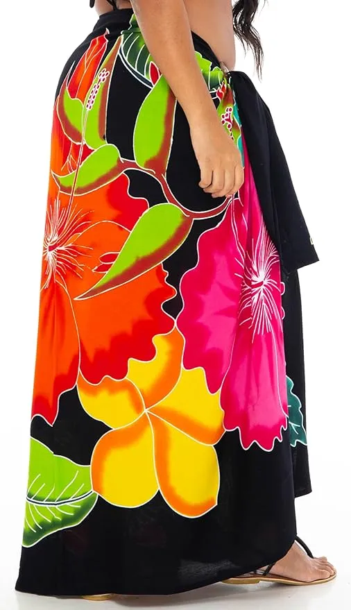 Plus Size Hand-Painted Floral Sarong Wrap - Beach Cover-Up by SHU-SHI