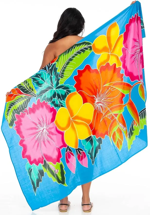 Plus Size Hand-Painted Floral Sarong Wrap - Beach Cover-Up by SHU-SHI