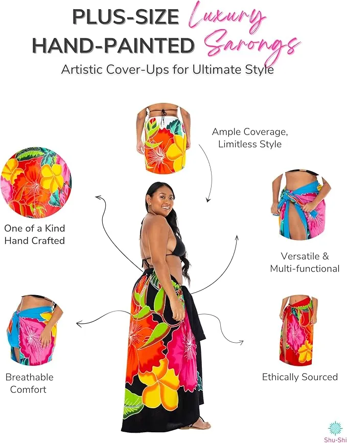 Plus Size Hand-Painted Floral Sarong Wrap - Beach Cover-Up by SHU-SHI