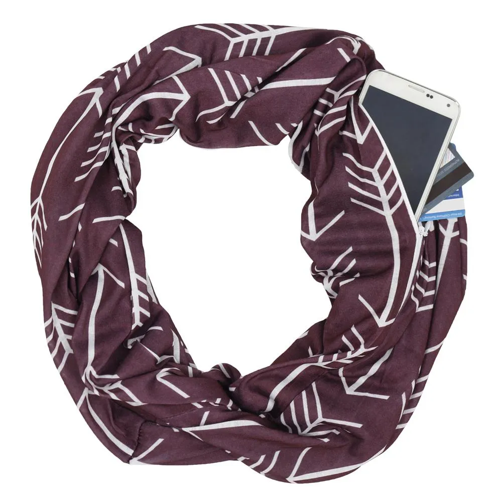 Pop Fashion Women's Arrow Patterned Infinity Scarf with Zipper Pocket, Travel Infinity Scarves