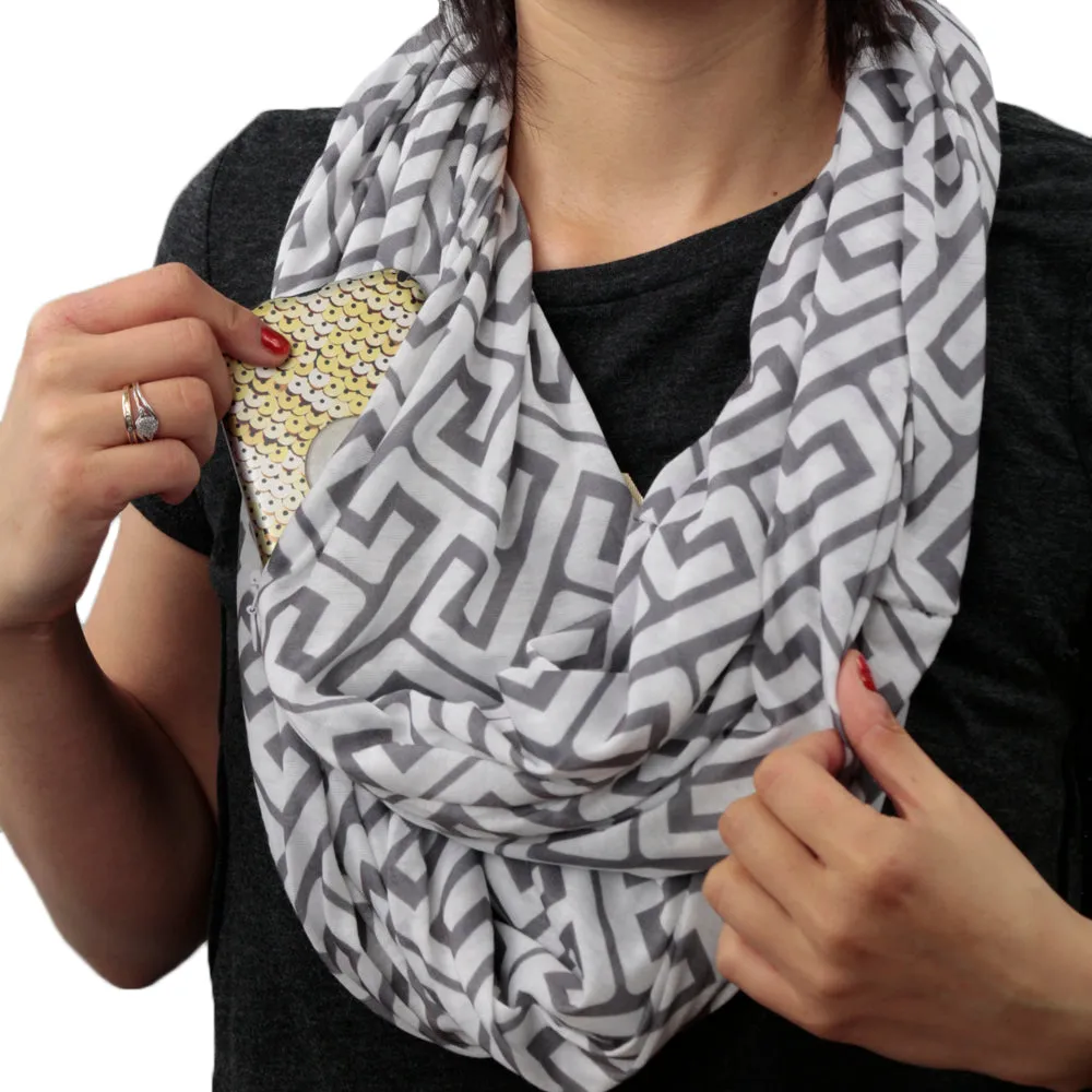 Pop Fashion Women's Infinity Pocket Scarf with Zipper Pocket, Greek Key Scarf Design, Infinity Scarves