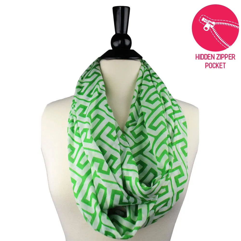 Pop Fashion Women's Infinity Pocket Scarf with Zipper Pocket, Greek Key Scarf Design, Infinity Scarves