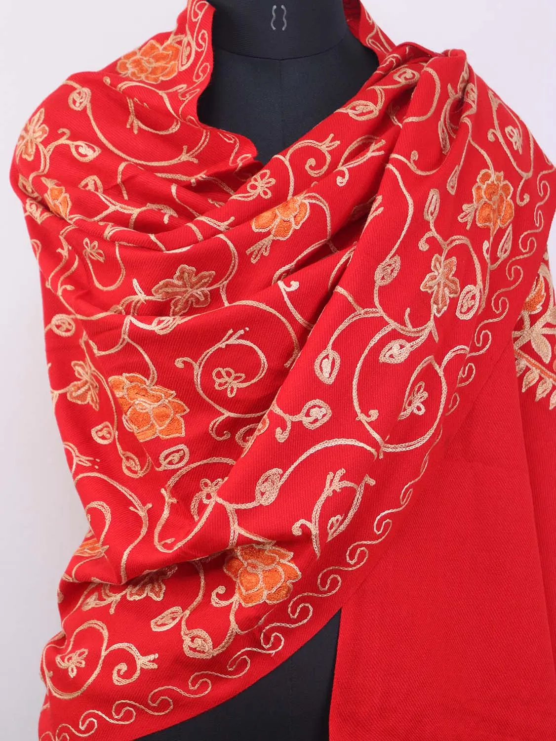 Red Embroidered Kashmiri Aari Work Woollen Stole