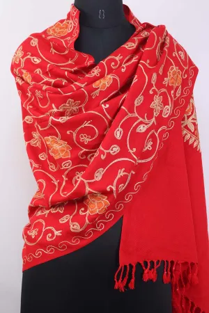 Red Embroidered Kashmiri Aari Work Woollen Stole