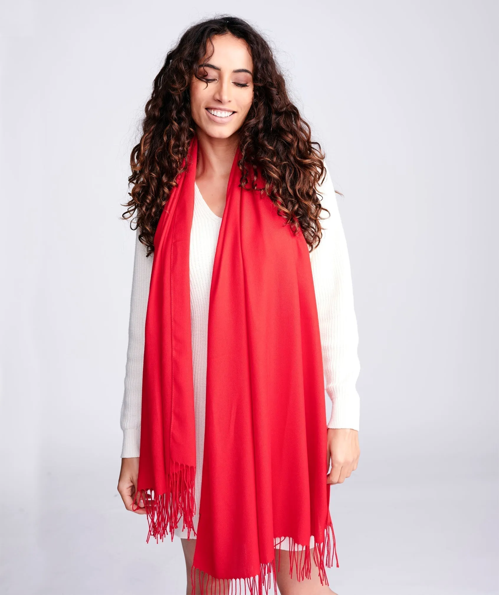 Red Pashmina in Super Soft Fabric with Knotted Fringes