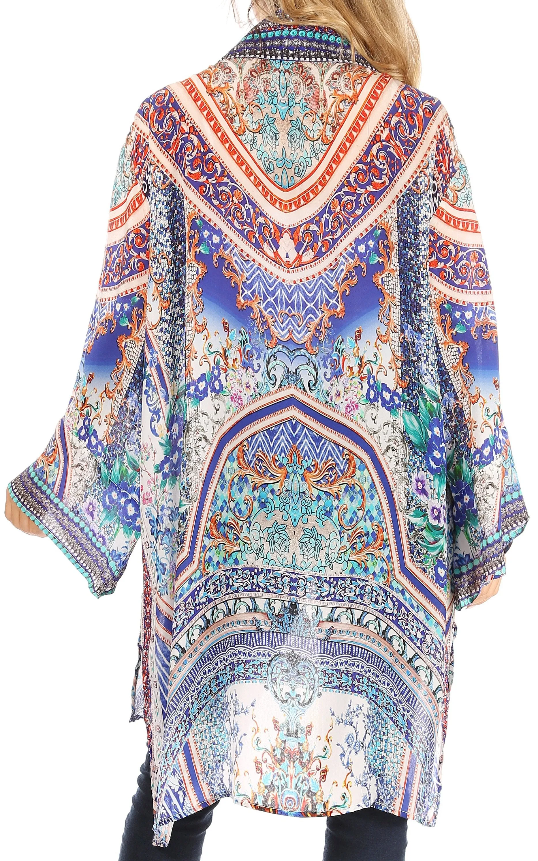 Sakkas Aremi Women Floral Printed Open Front Cardigan Top Boho Casual Short Sleeve