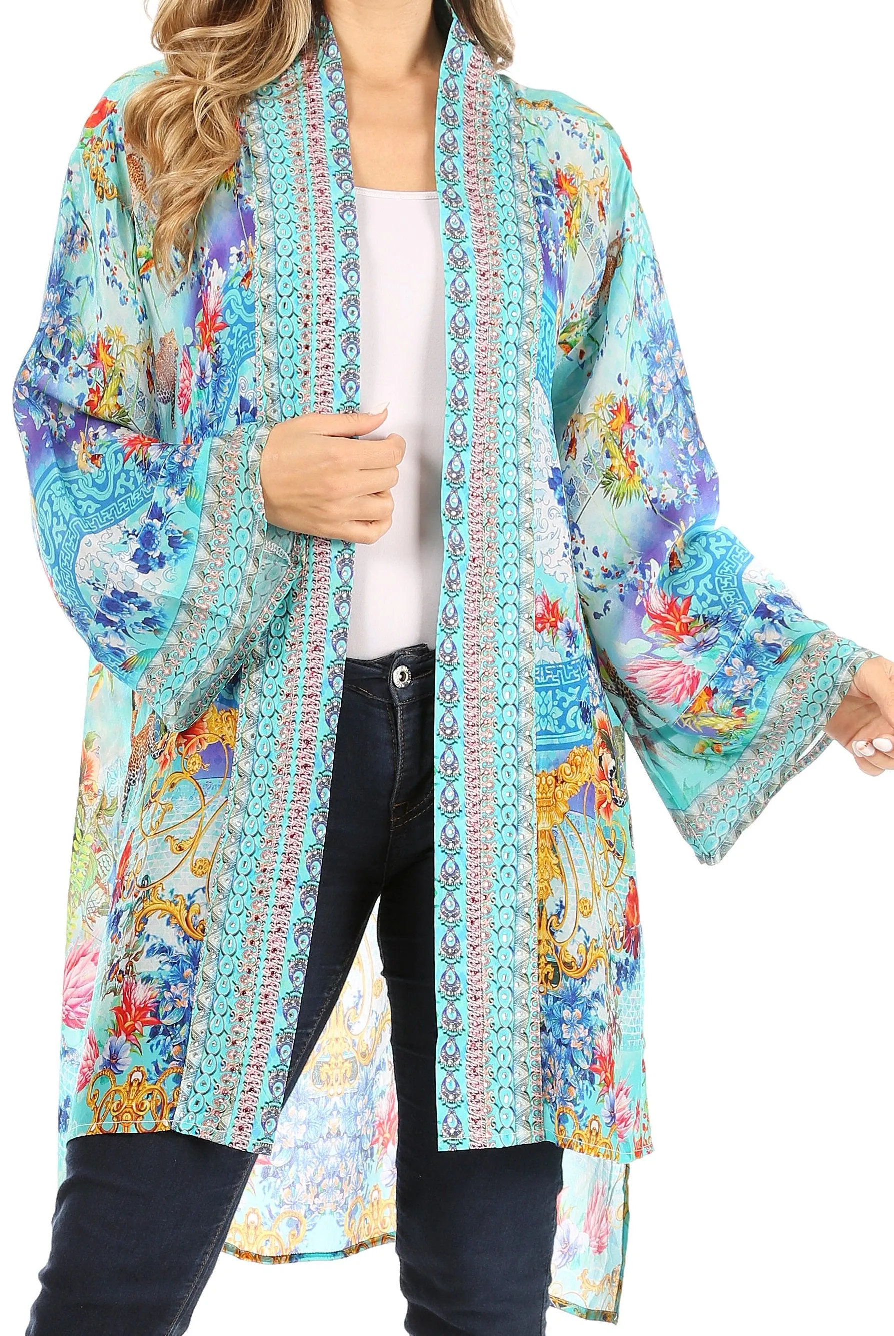 Sakkas Aremi Women Floral Printed Open Front Cardigan Top Boho Casual Short Sleeve