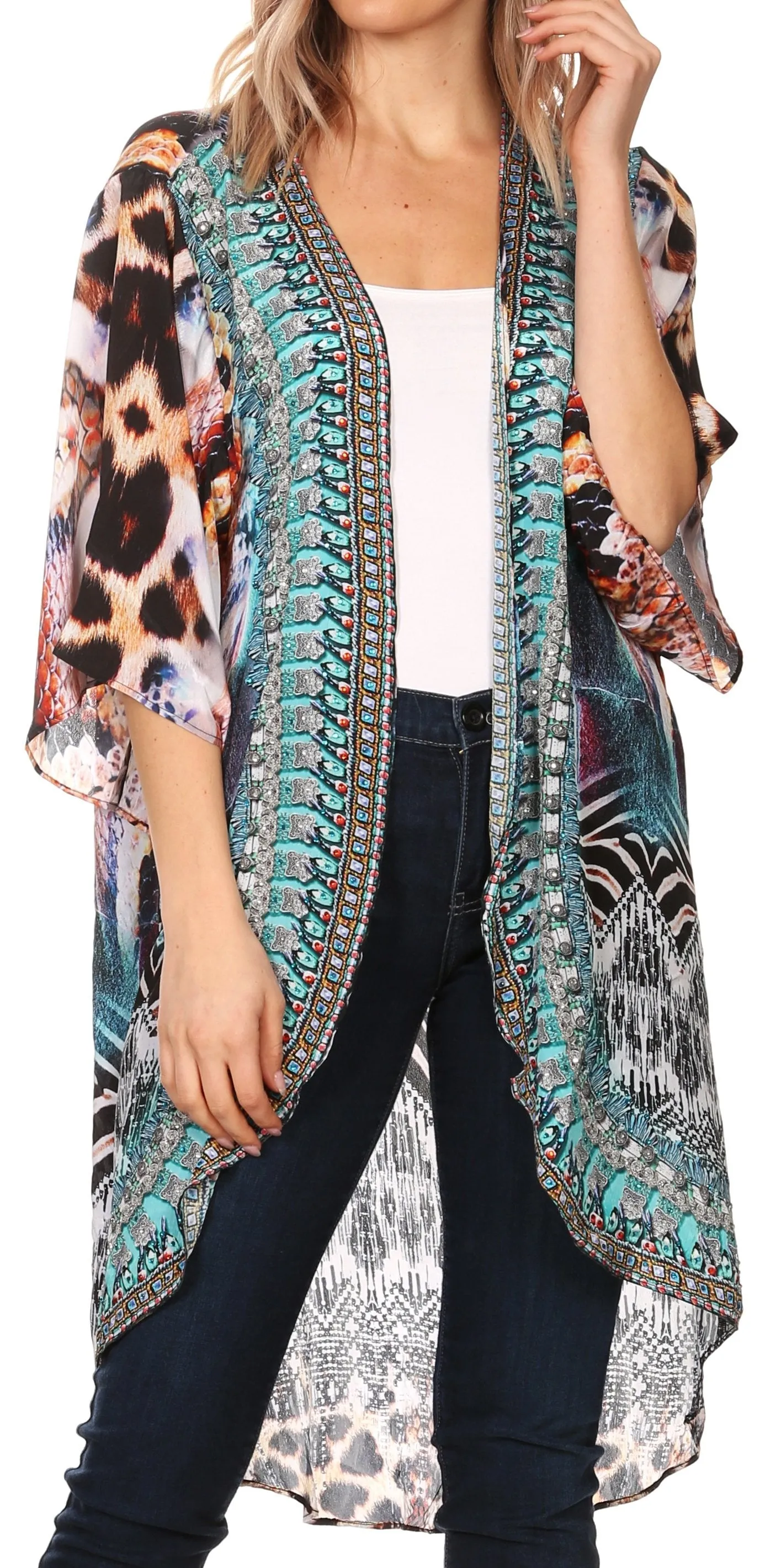 Sakkas Denora Women's Casual Draped Kimono Short Sleeve Boho Open Front Cardigan