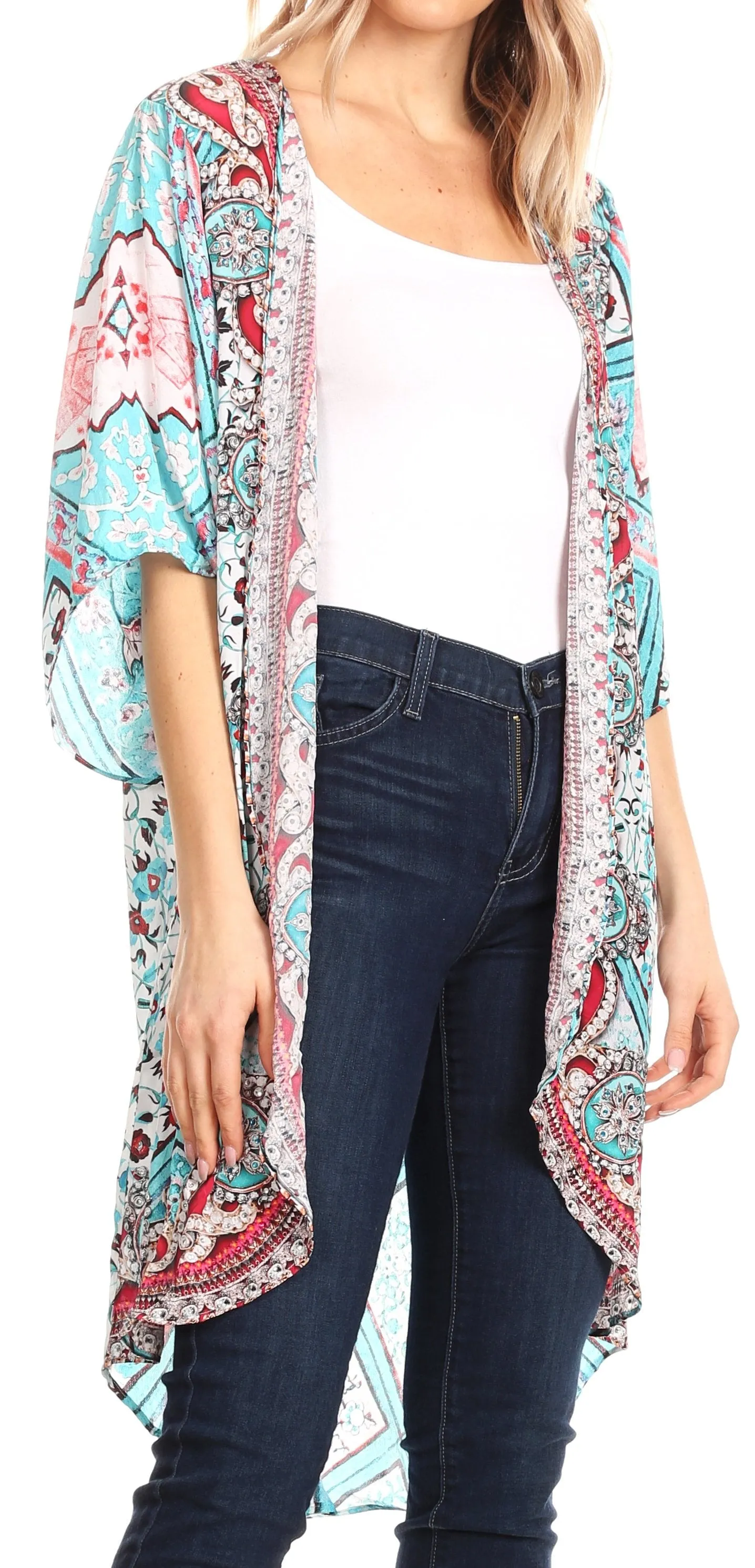 Sakkas Denora Women's Casual Draped Kimono Short Sleeve Boho Open Front Cardigan