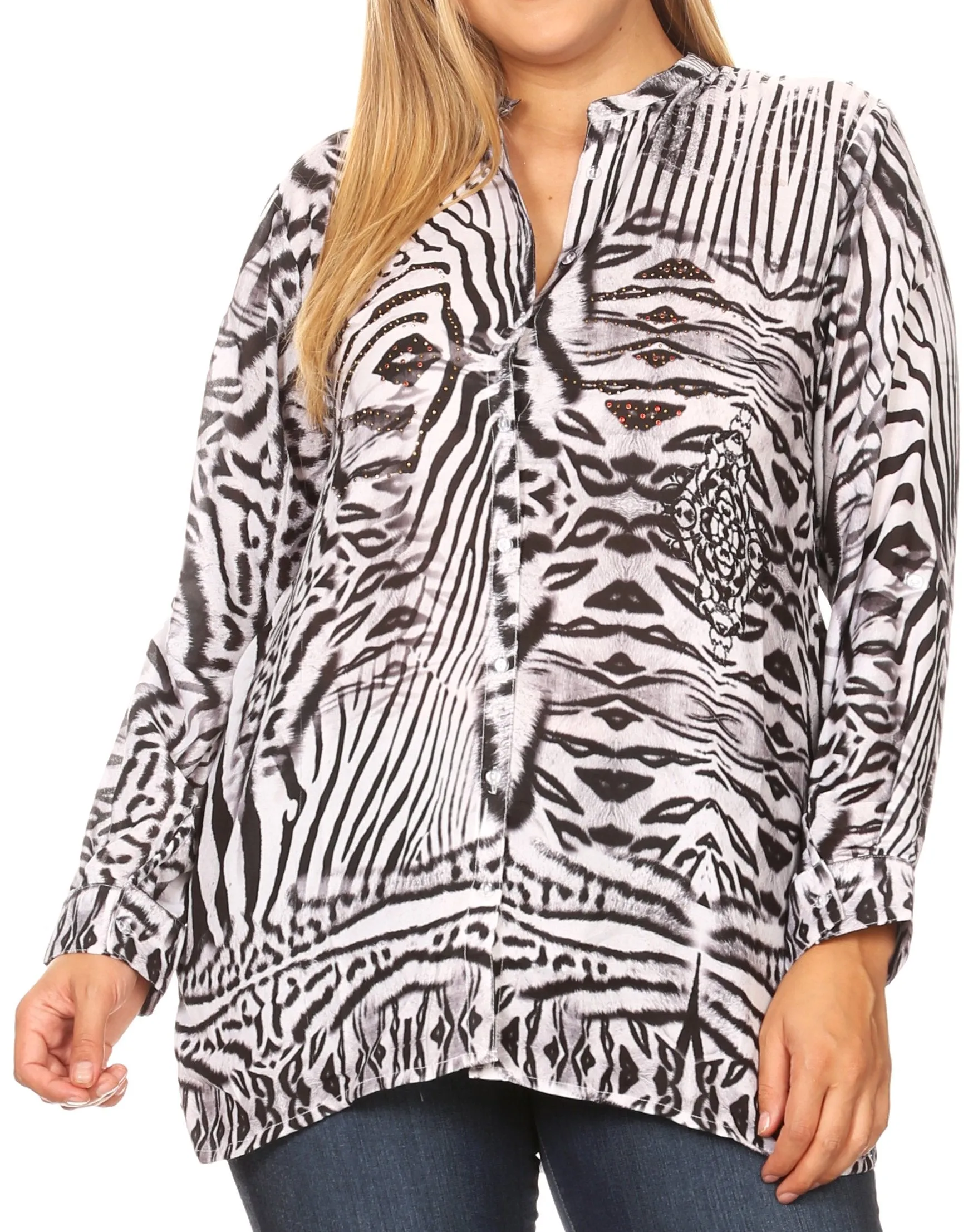 Sakkas Ditta Women's Casual Loose Long Sleeve Print Button Down Shirt Tunic Blouse