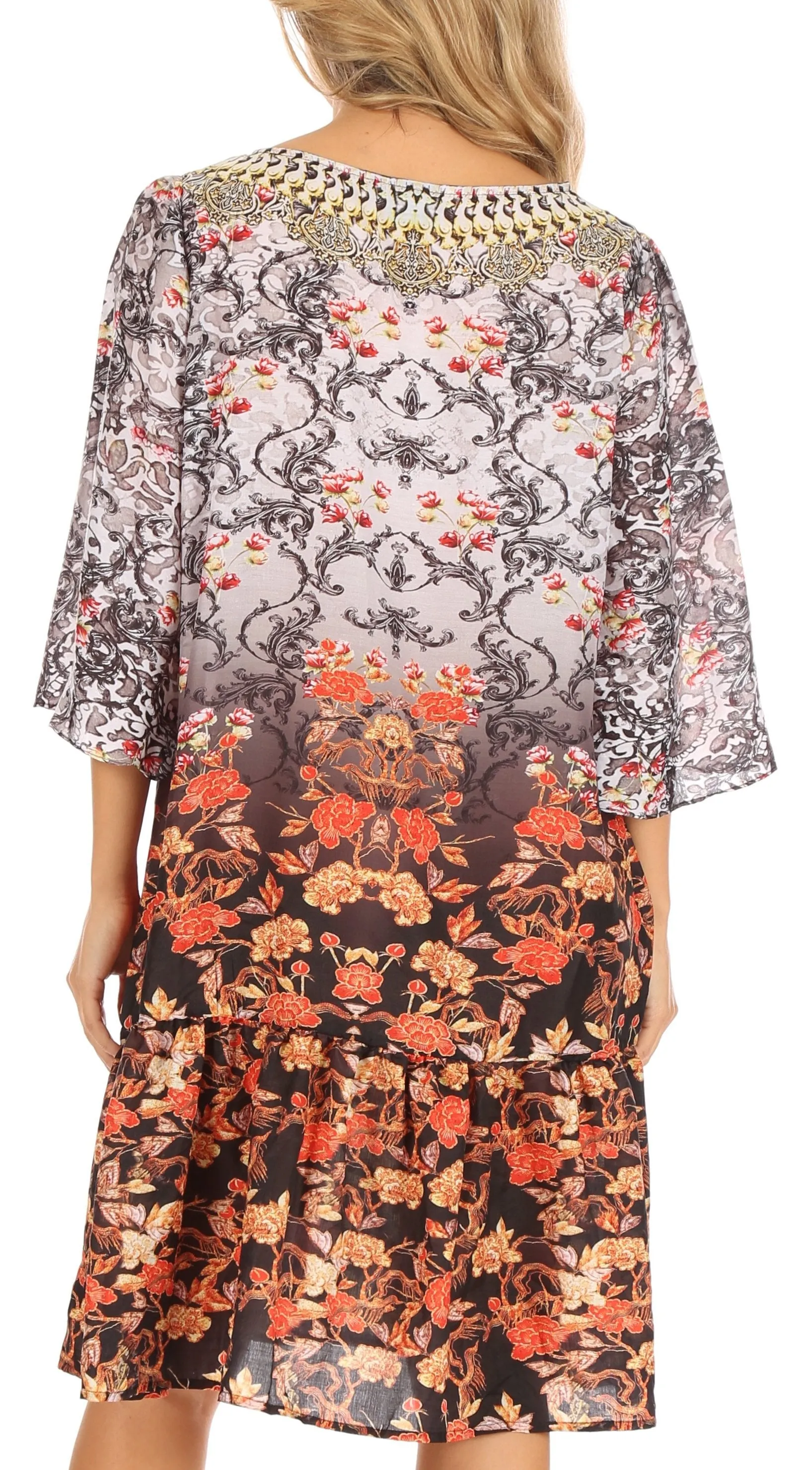 Sakkas Dona Women's Casual Swing 3/4 Sleeve Floral Print Boho Cocktail Midi Dress