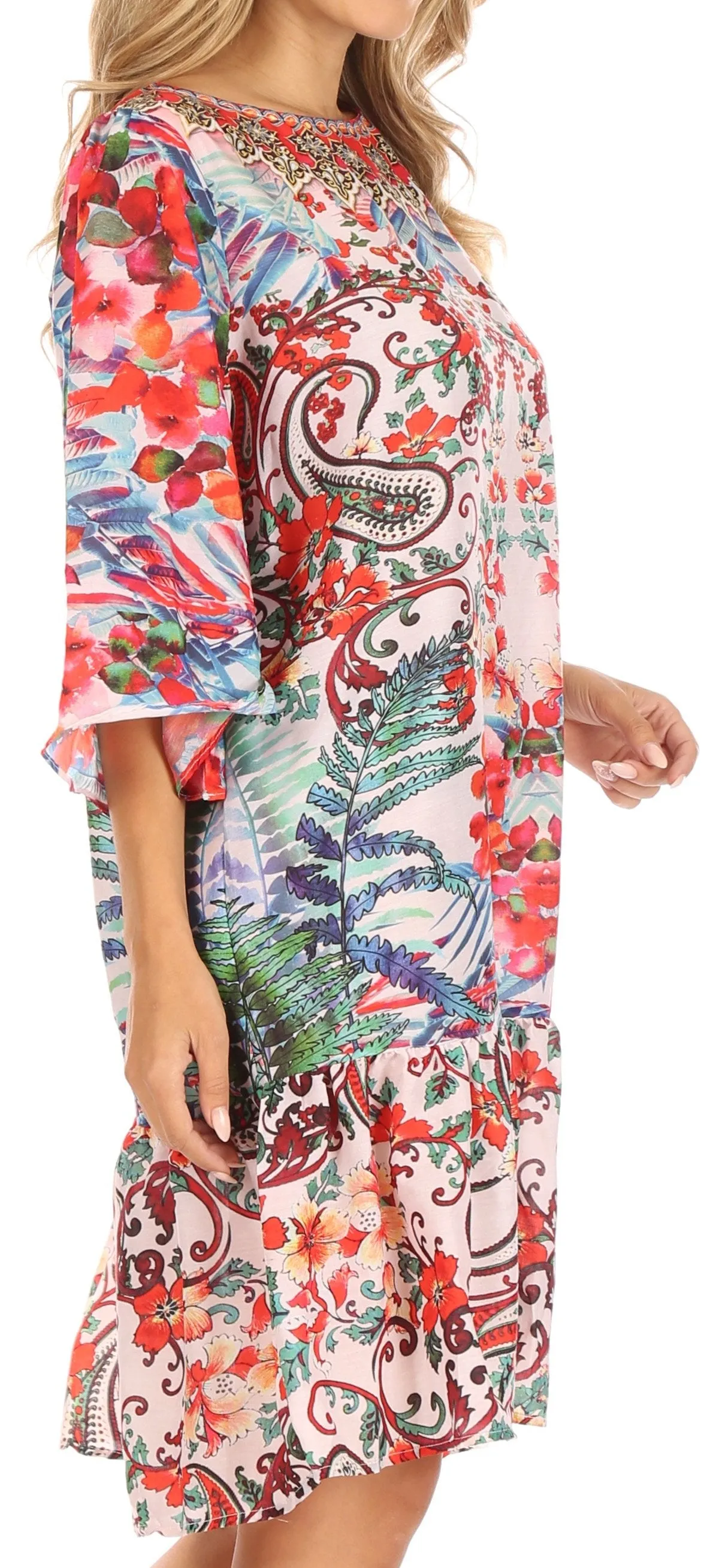 Sakkas Dona Women's Casual Swing 3/4 Sleeve Floral Print Boho Cocktail Midi Dress