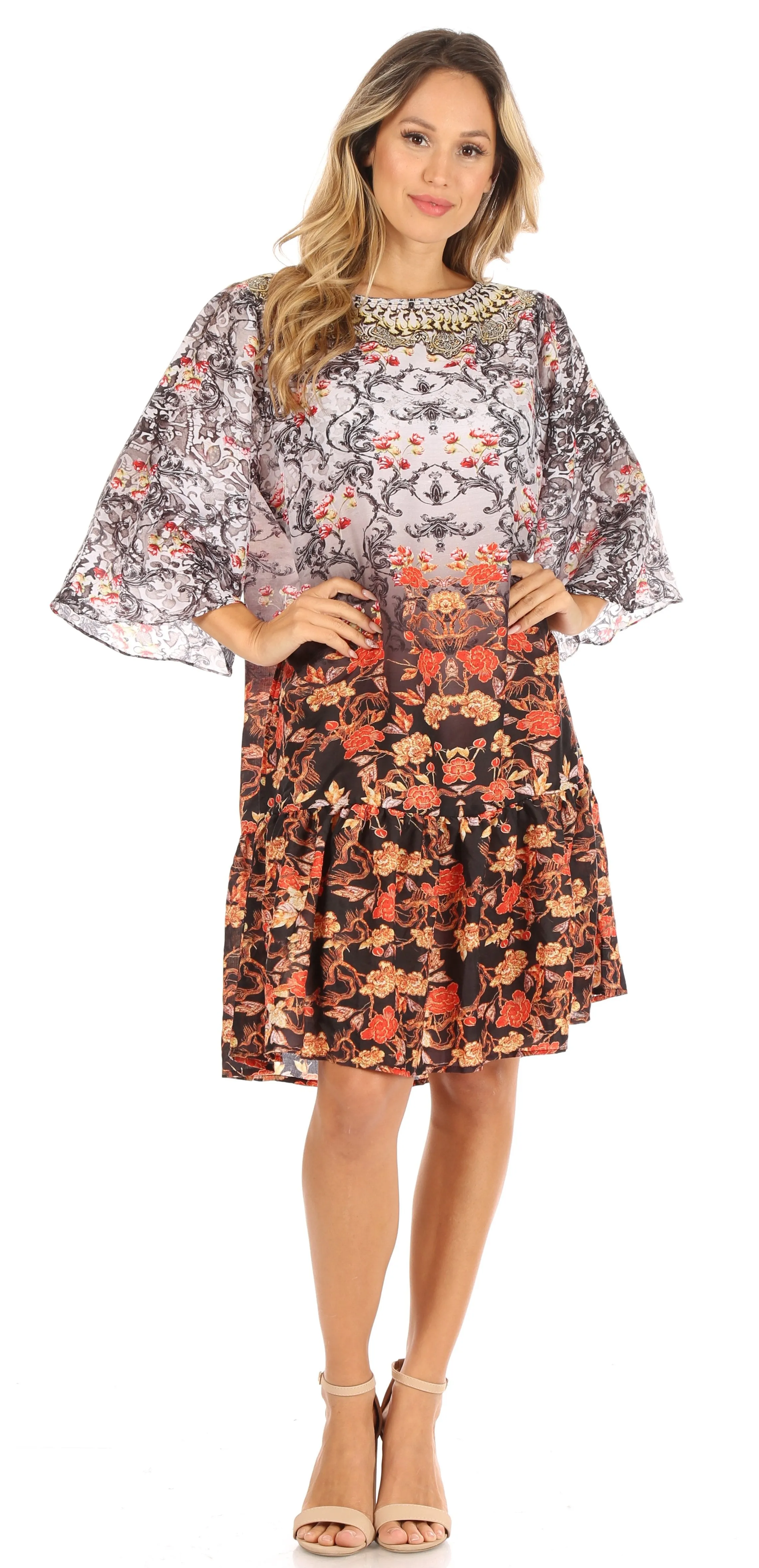 Sakkas Dona Women's Casual Swing 3/4 Sleeve Floral Print Boho Cocktail Midi Dress