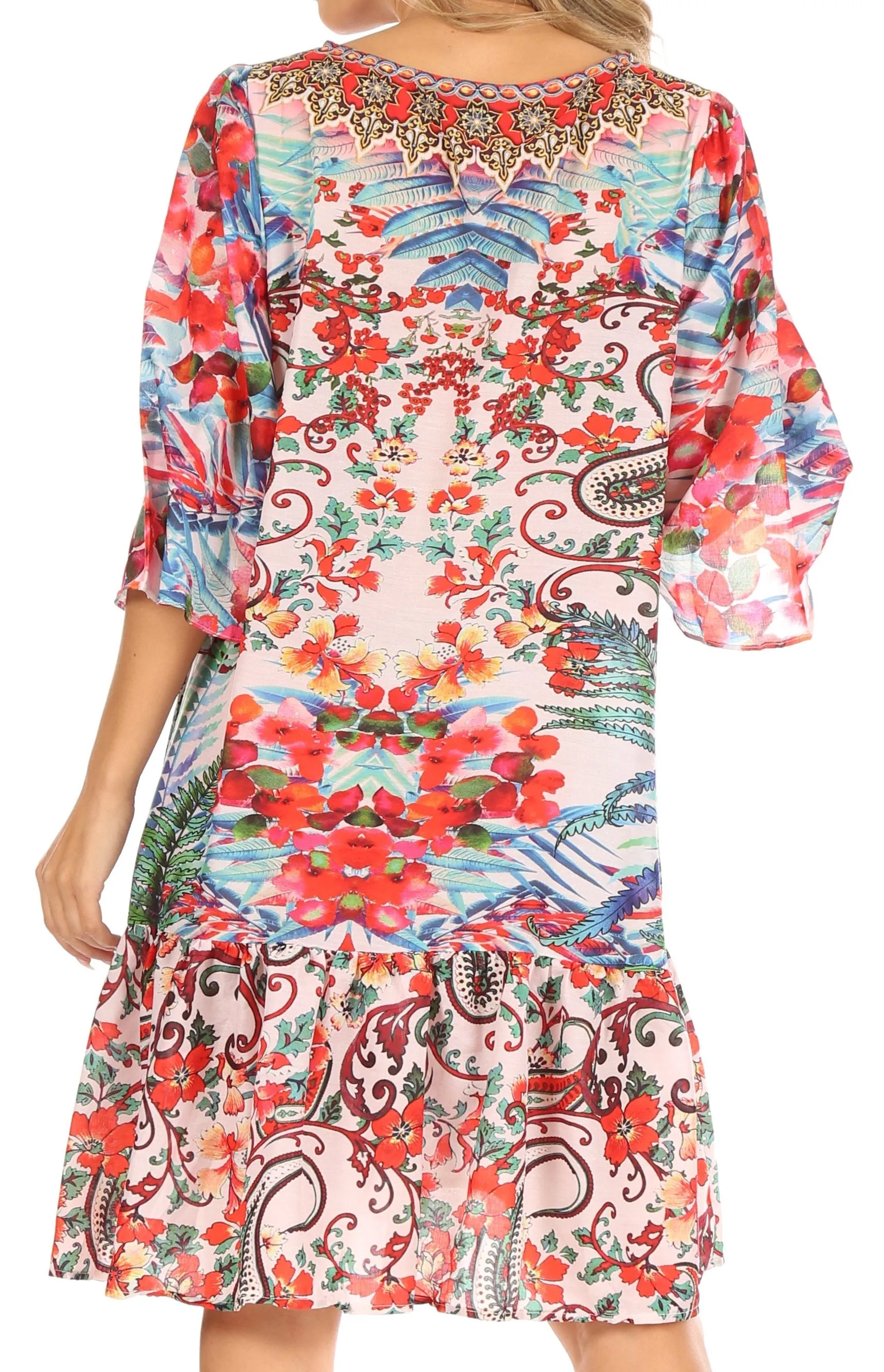 Sakkas Dona Women's Casual Swing 3/4 Sleeve Floral Print Boho Cocktail Midi Dress