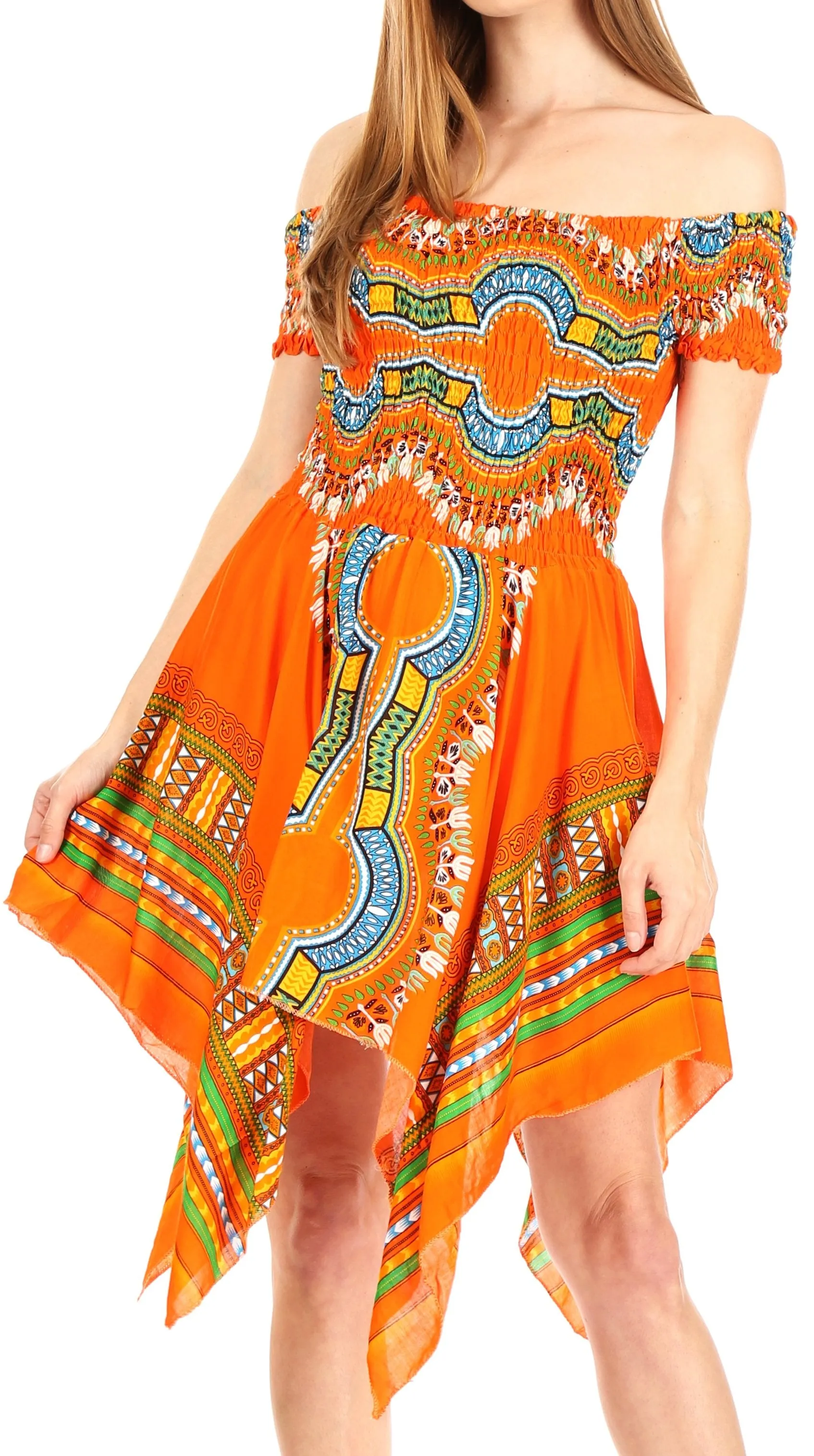 Sakkas Femi Women's Casual Cocktail Off Shoulder Dashiki African Stretchy Dress