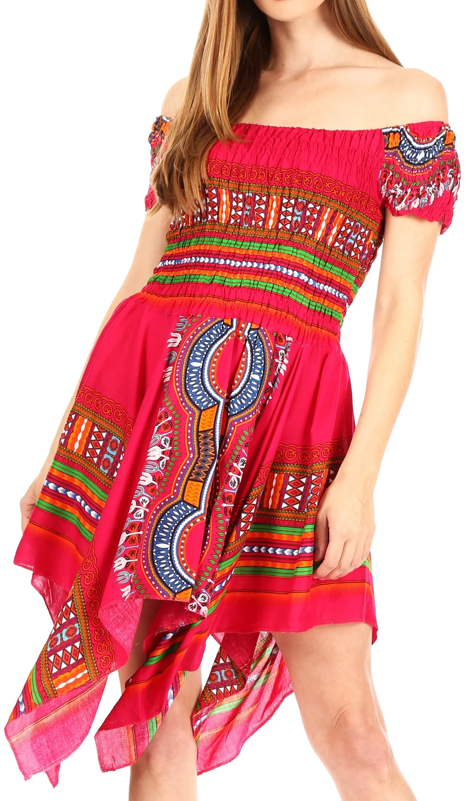 Sakkas Femi Women's Casual Cocktail Off Shoulder Dashiki African Stretchy Dress