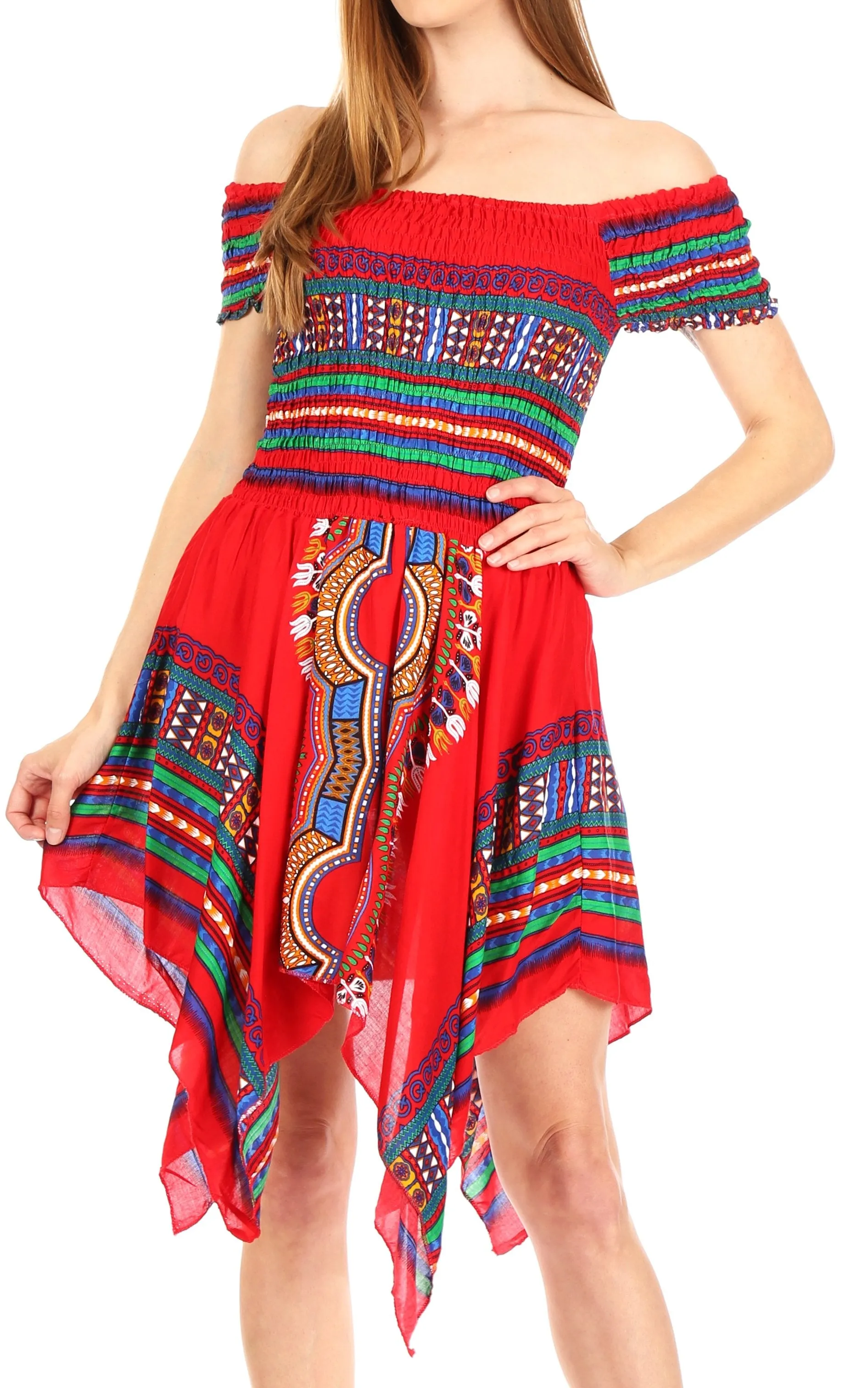 Sakkas Femi Women's Casual Cocktail Off Shoulder Dashiki African Stretchy Dress