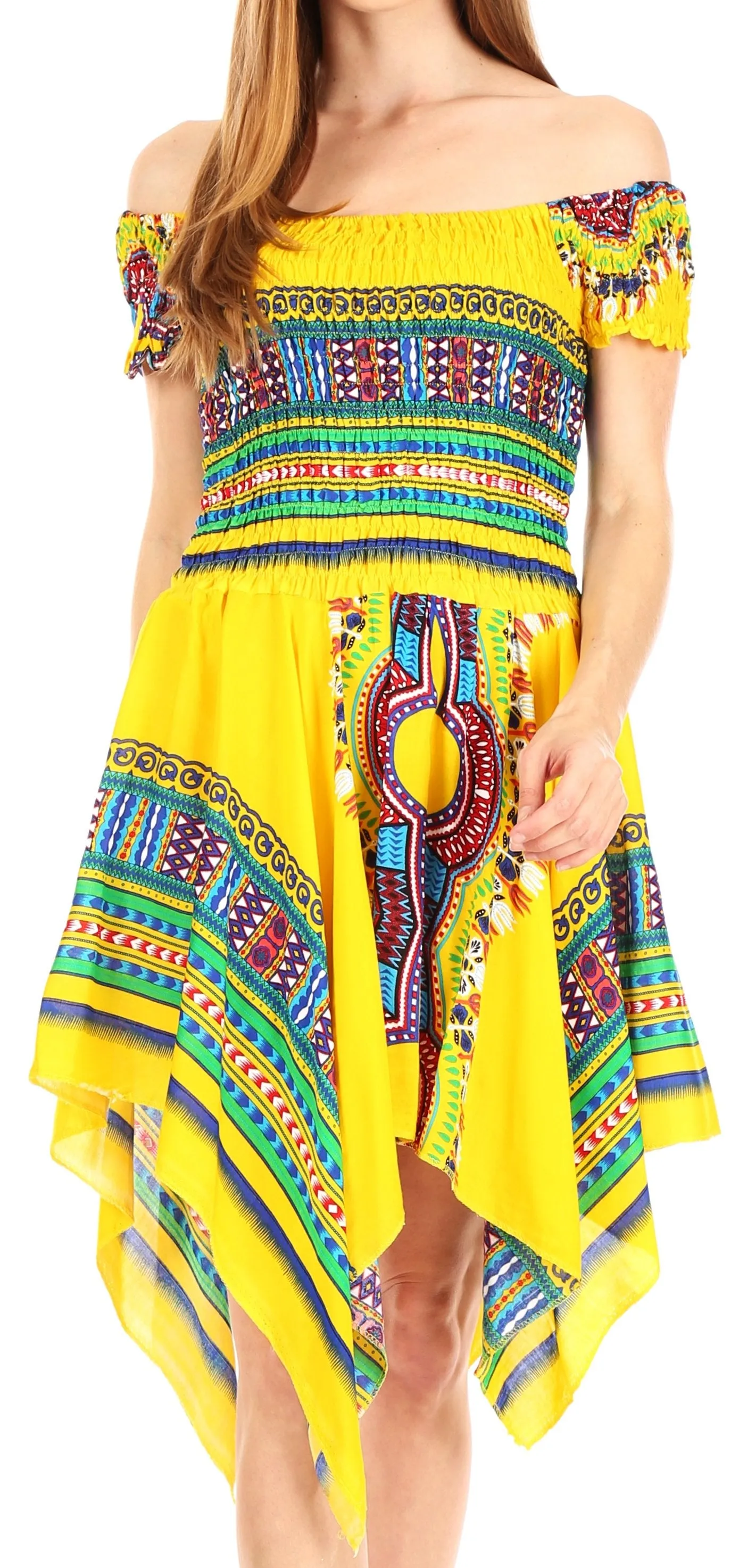 Sakkas Femi Women's Casual Cocktail Off Shoulder Dashiki African Stretchy Dress