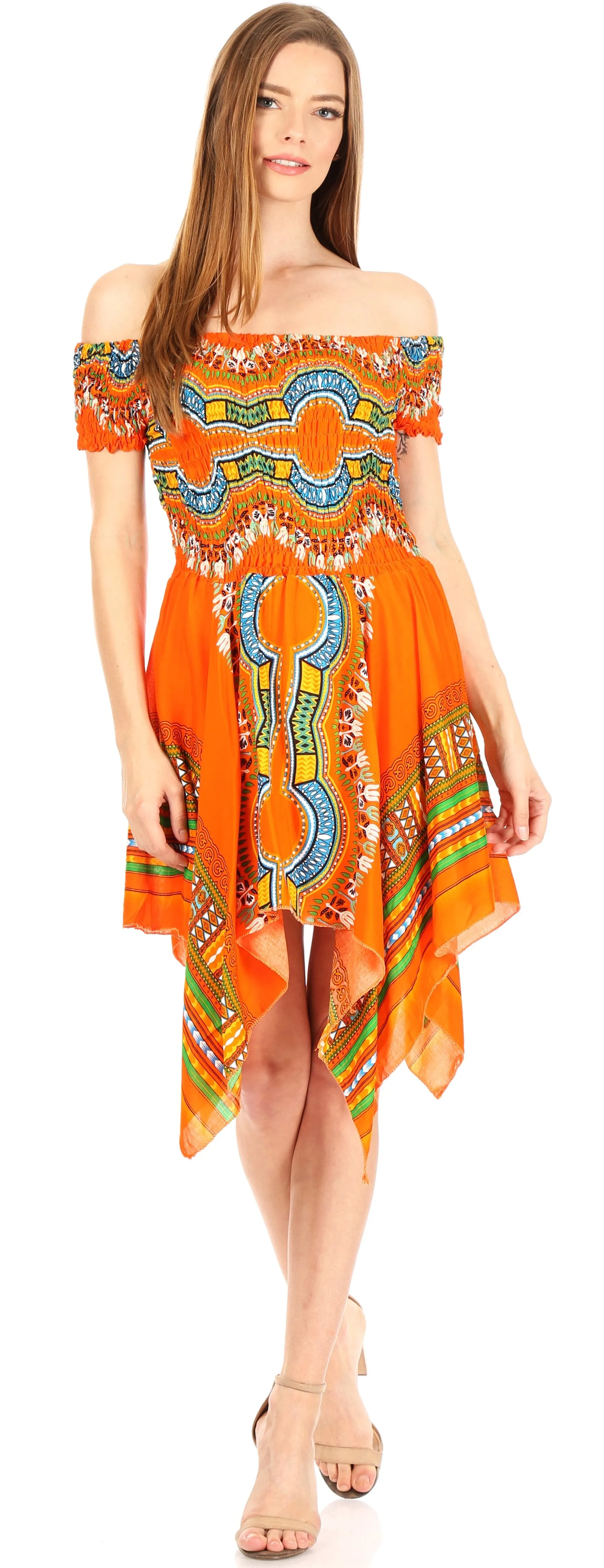 Sakkas Femi Women's Casual Cocktail Off Shoulder Dashiki African Stretchy Dress