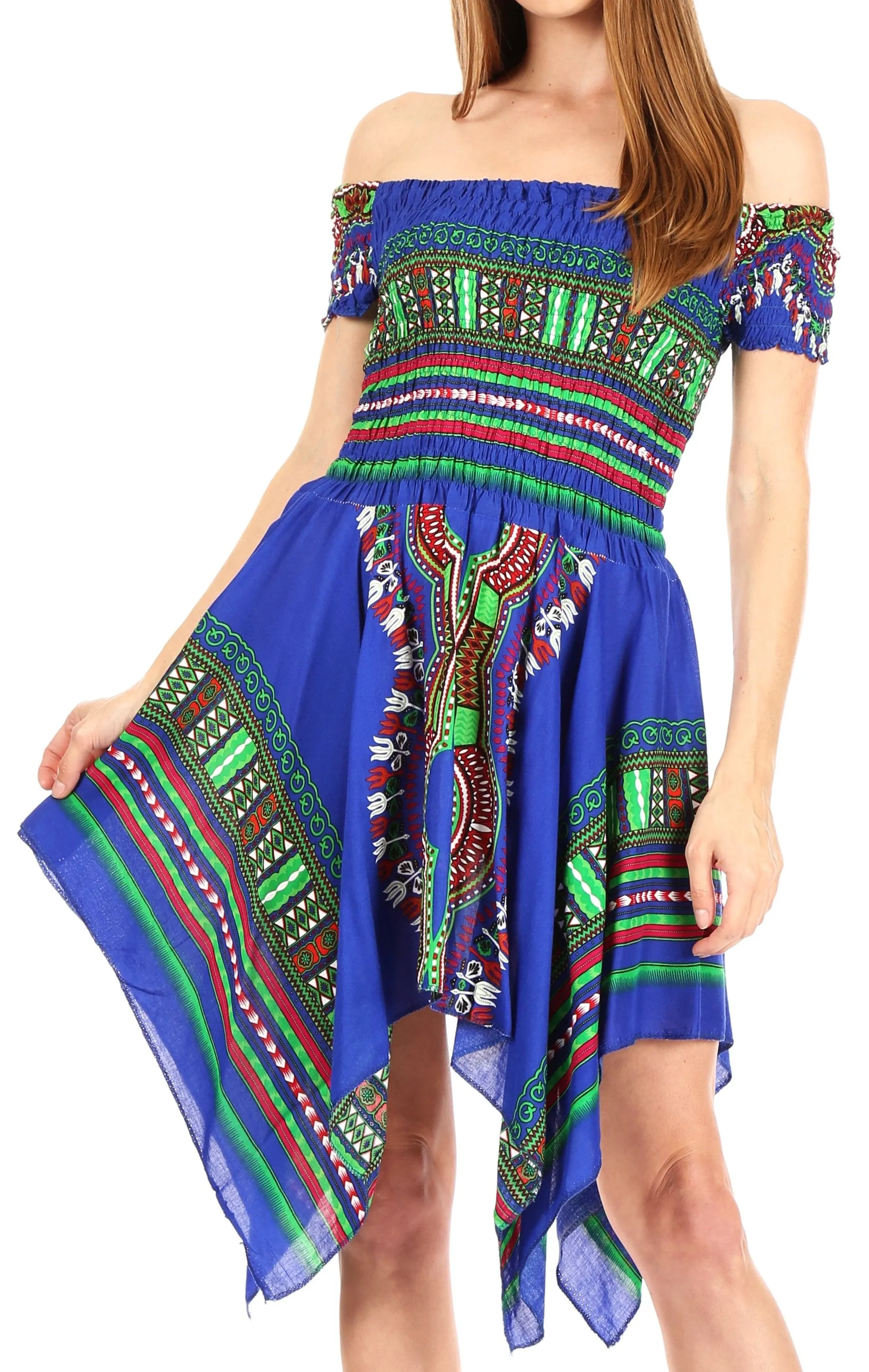 Sakkas Femi Women's Casual Cocktail Off Shoulder Dashiki African Stretchy Dress