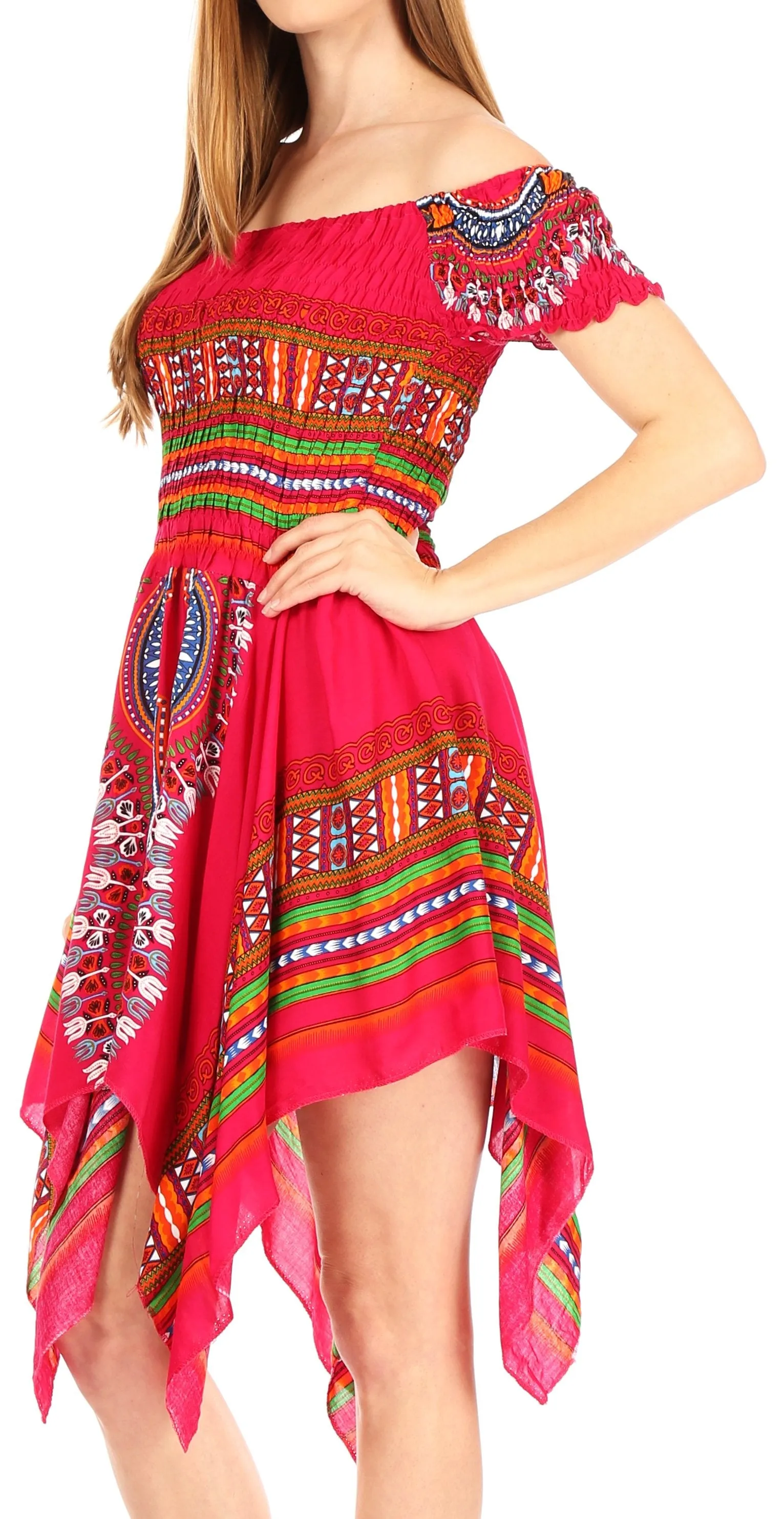 Sakkas Femi Women's Casual Cocktail Off Shoulder Dashiki African Stretchy Dress