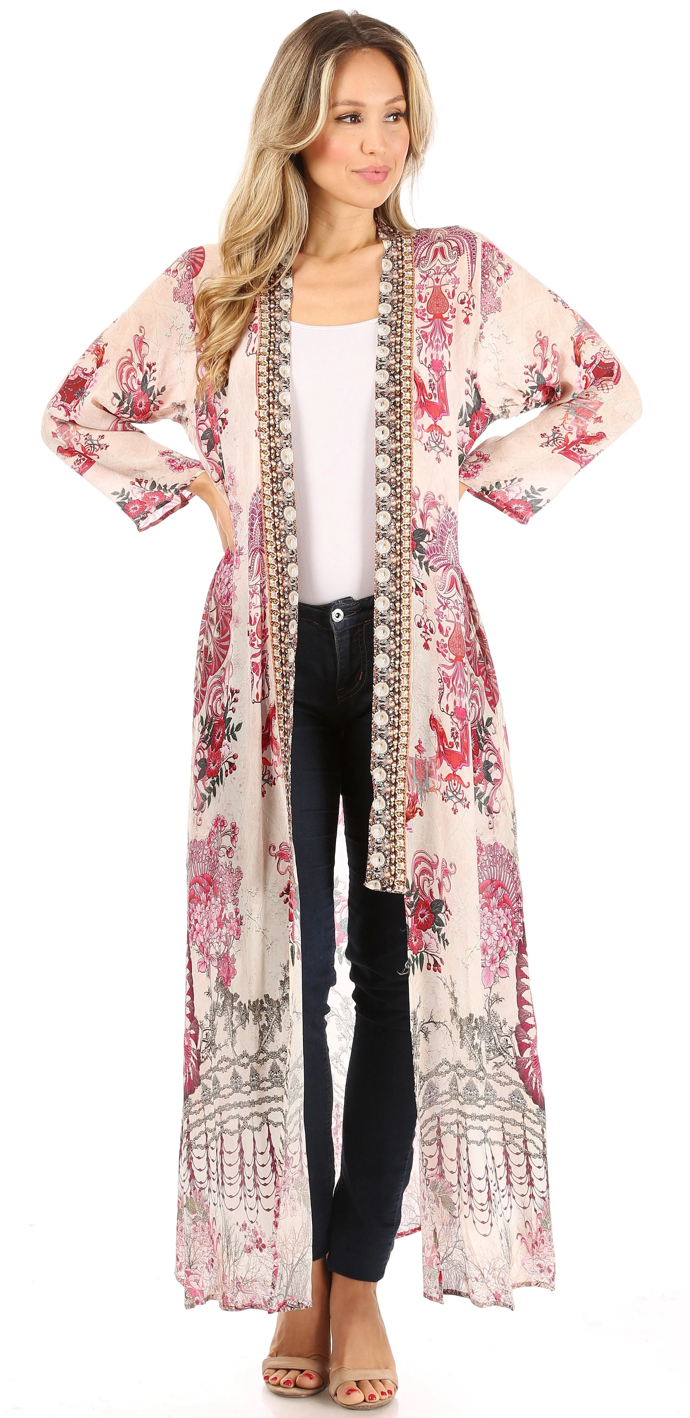 Sakkas Iona Women's Casual Boho Long Kimono Cardigan Open Front Floral Print Loose