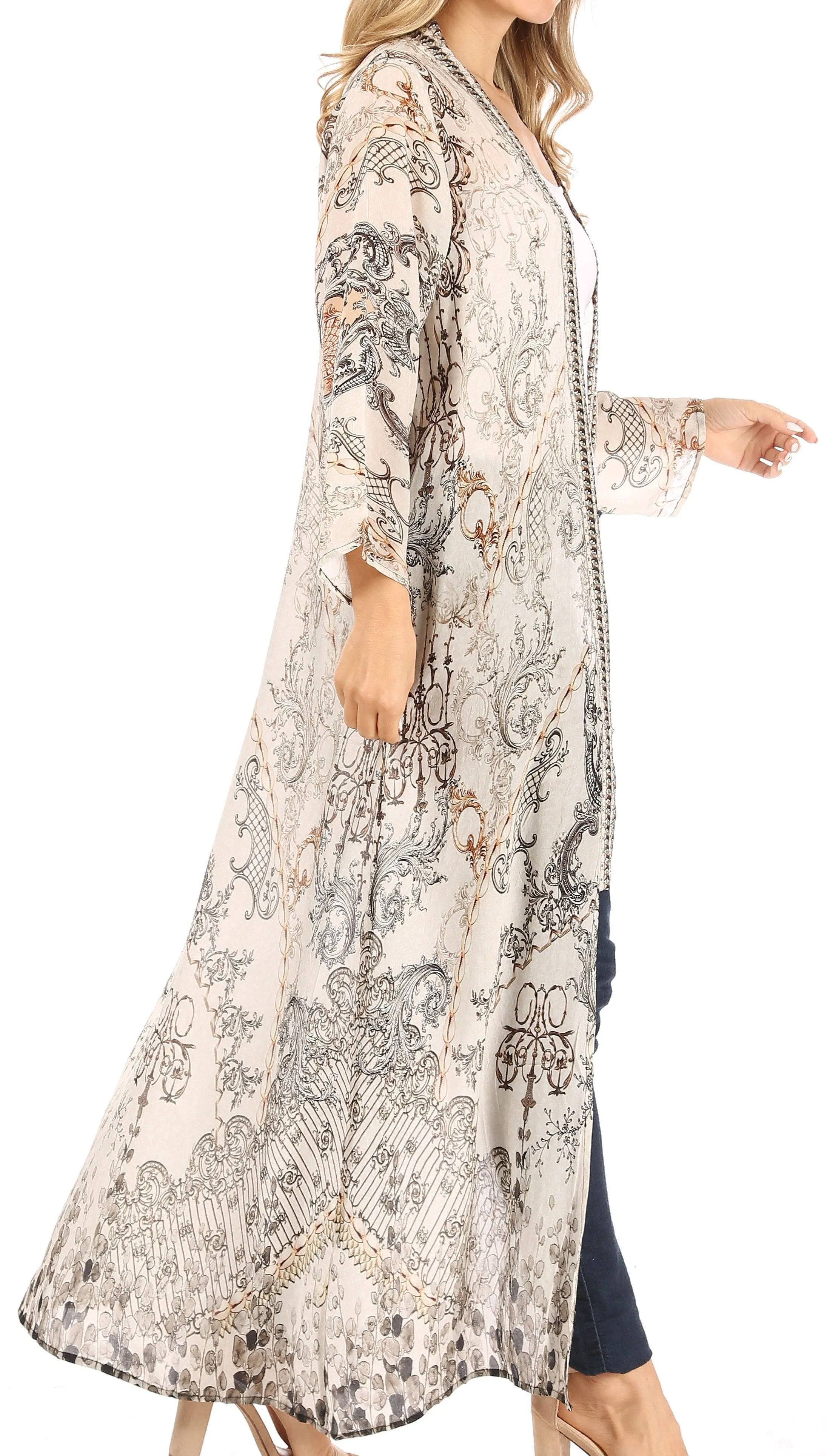 Sakkas Iona Women's Casual Boho Long Kimono Cardigan Open Front Floral Print Loose