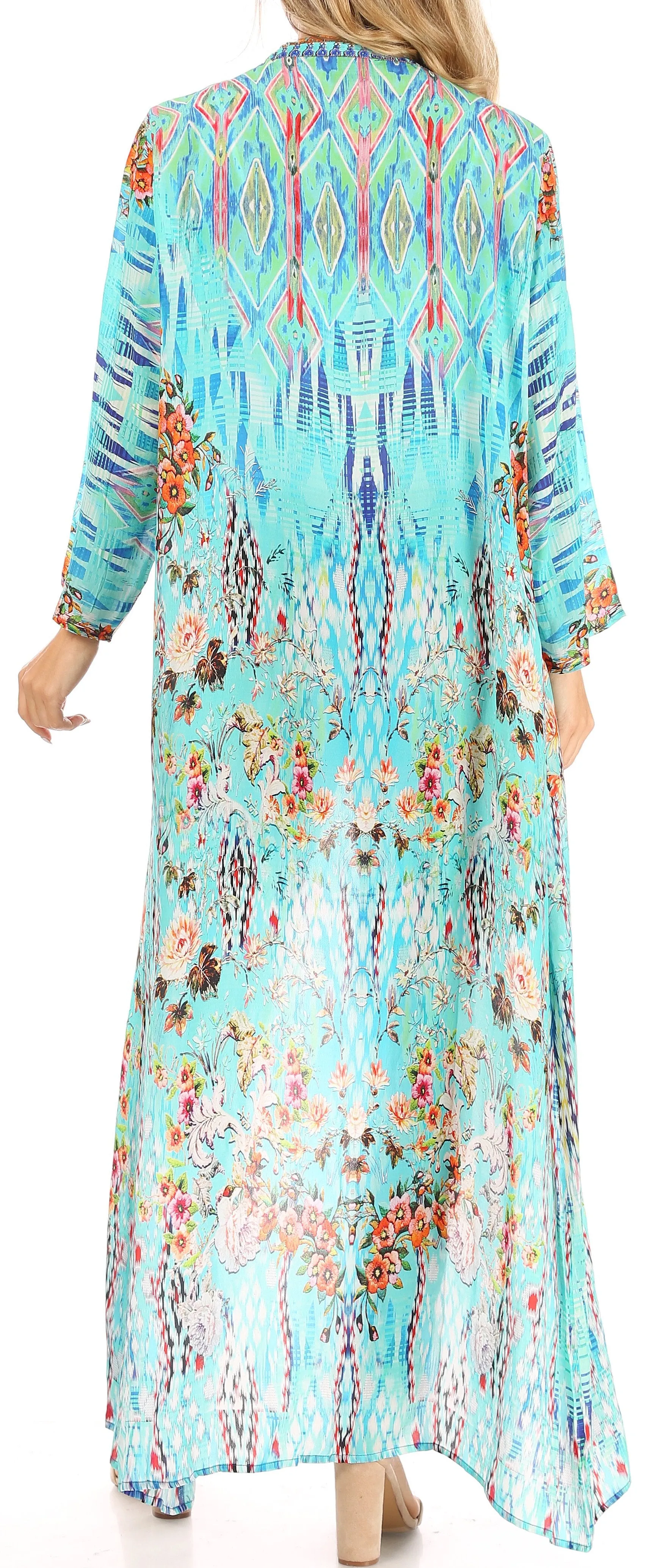 Sakkas Iona Women's Casual Boho Long Kimono Cardigan Open Front Floral Print Loose