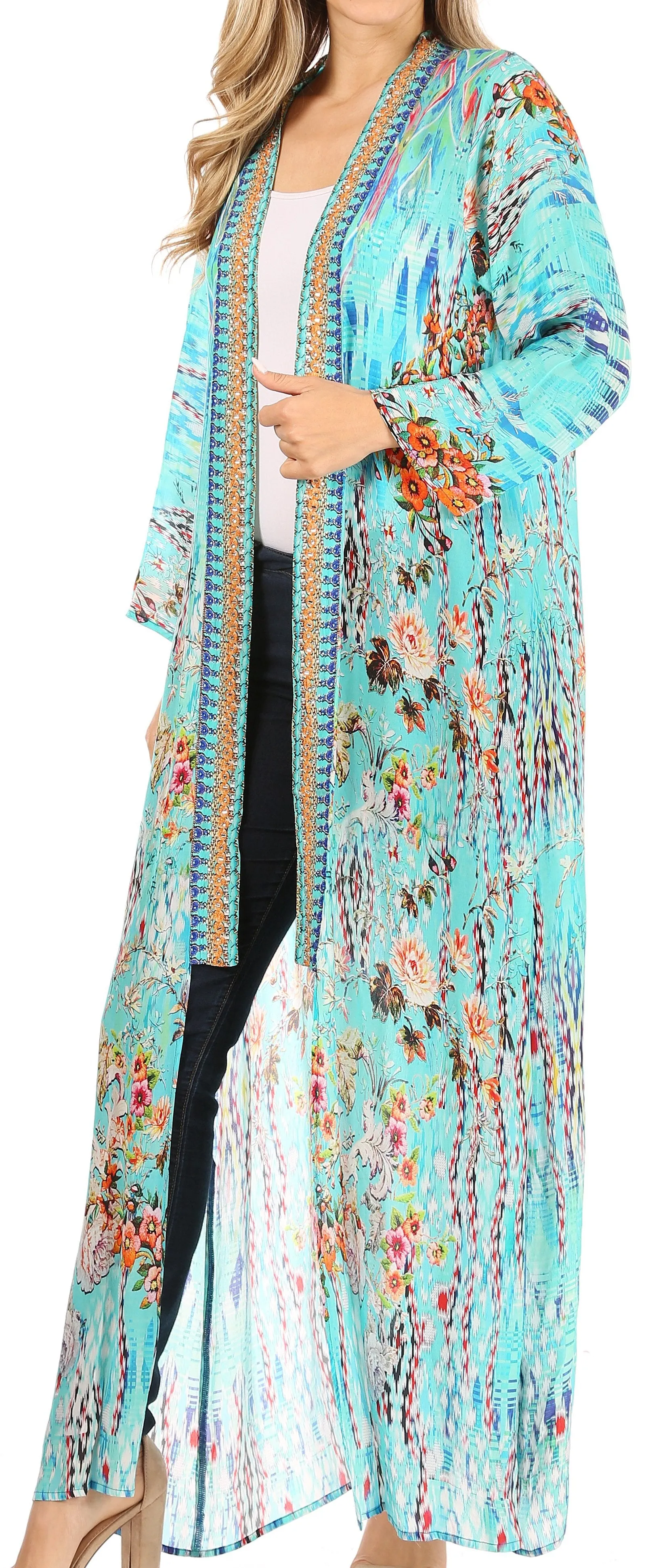 Sakkas Iona Women's Casual Boho Long Kimono Cardigan Open Front Floral Print Loose