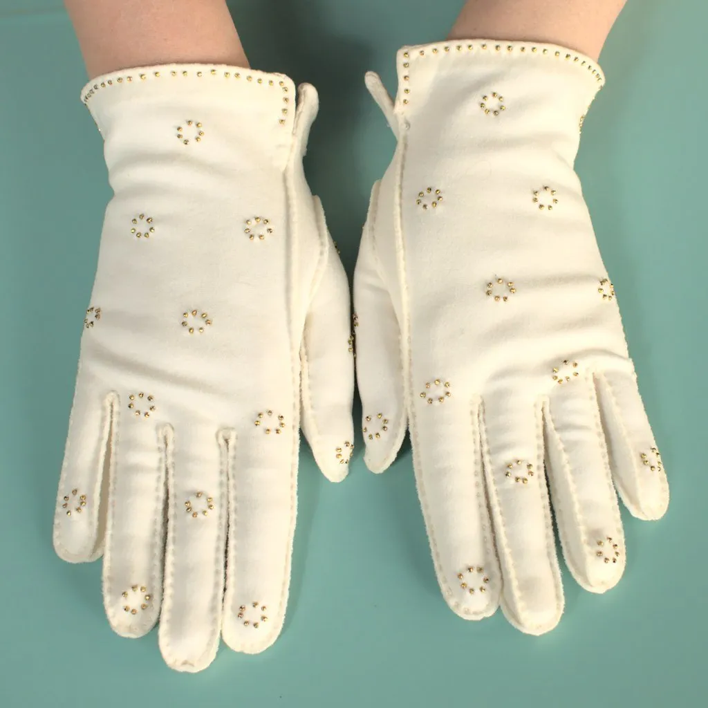 Short White Gold Bead Gloves