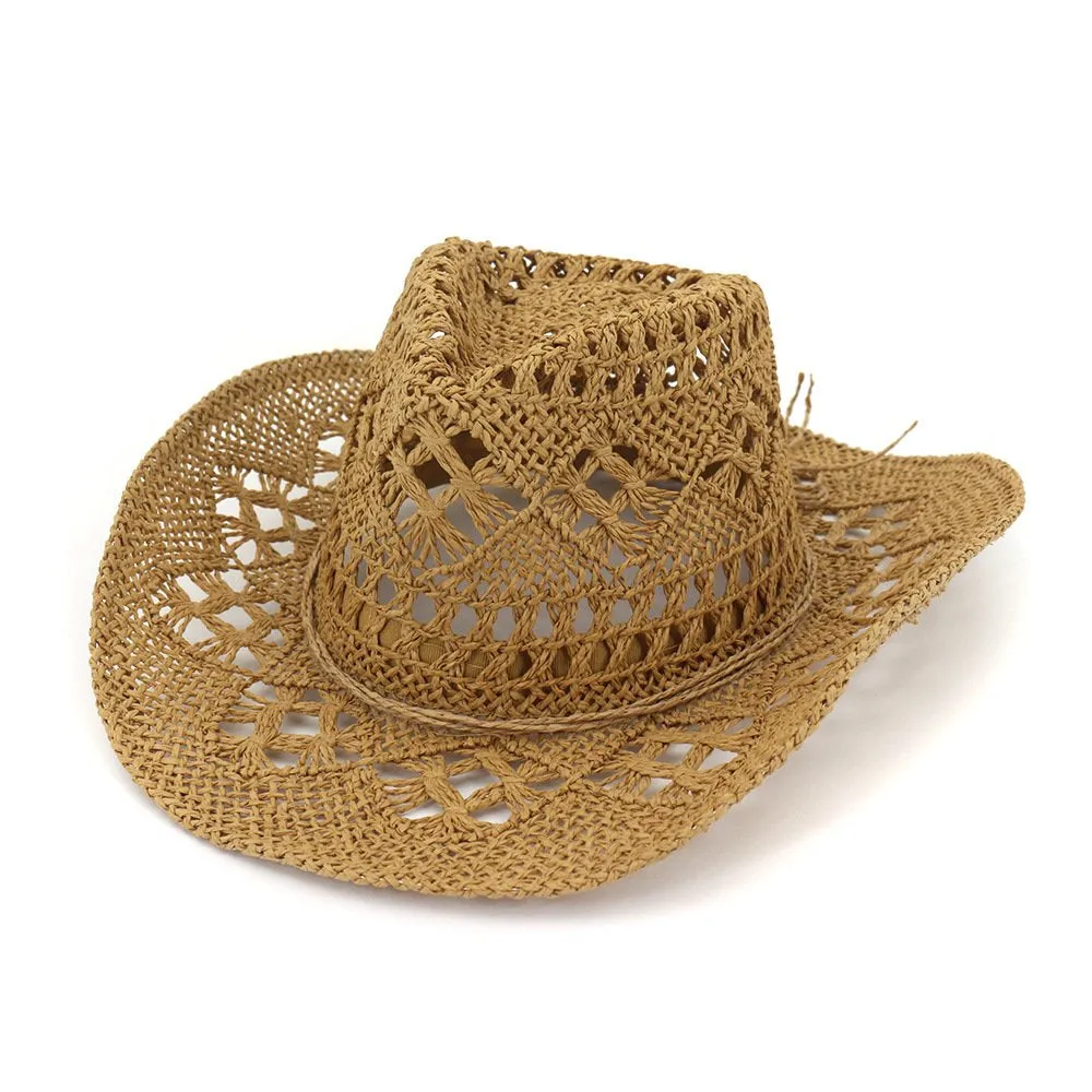 Straw Cowboy Hat Band Shapeable Brim Beach Cowgirl,Khaki