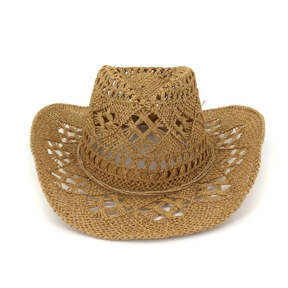 Straw Cowboy Hat Band Shapeable Brim Beach Cowgirl,Khaki