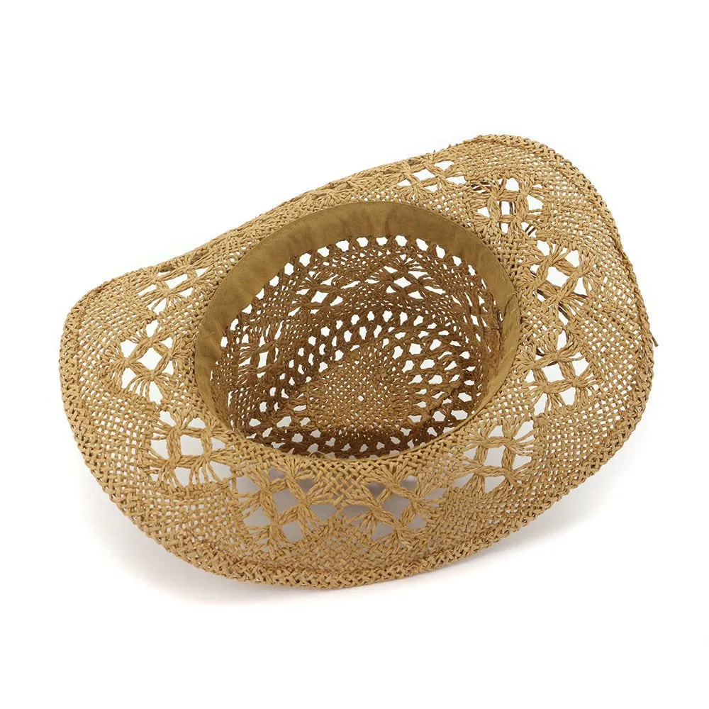 Straw Cowboy Hat Band Shapeable Brim Beach Cowgirl,Khaki