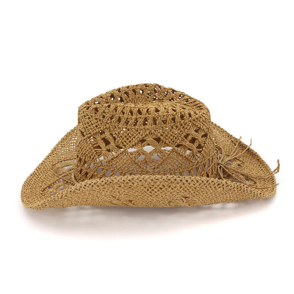 Straw Cowboy Hat Band Shapeable Brim Beach Cowgirl,Khaki