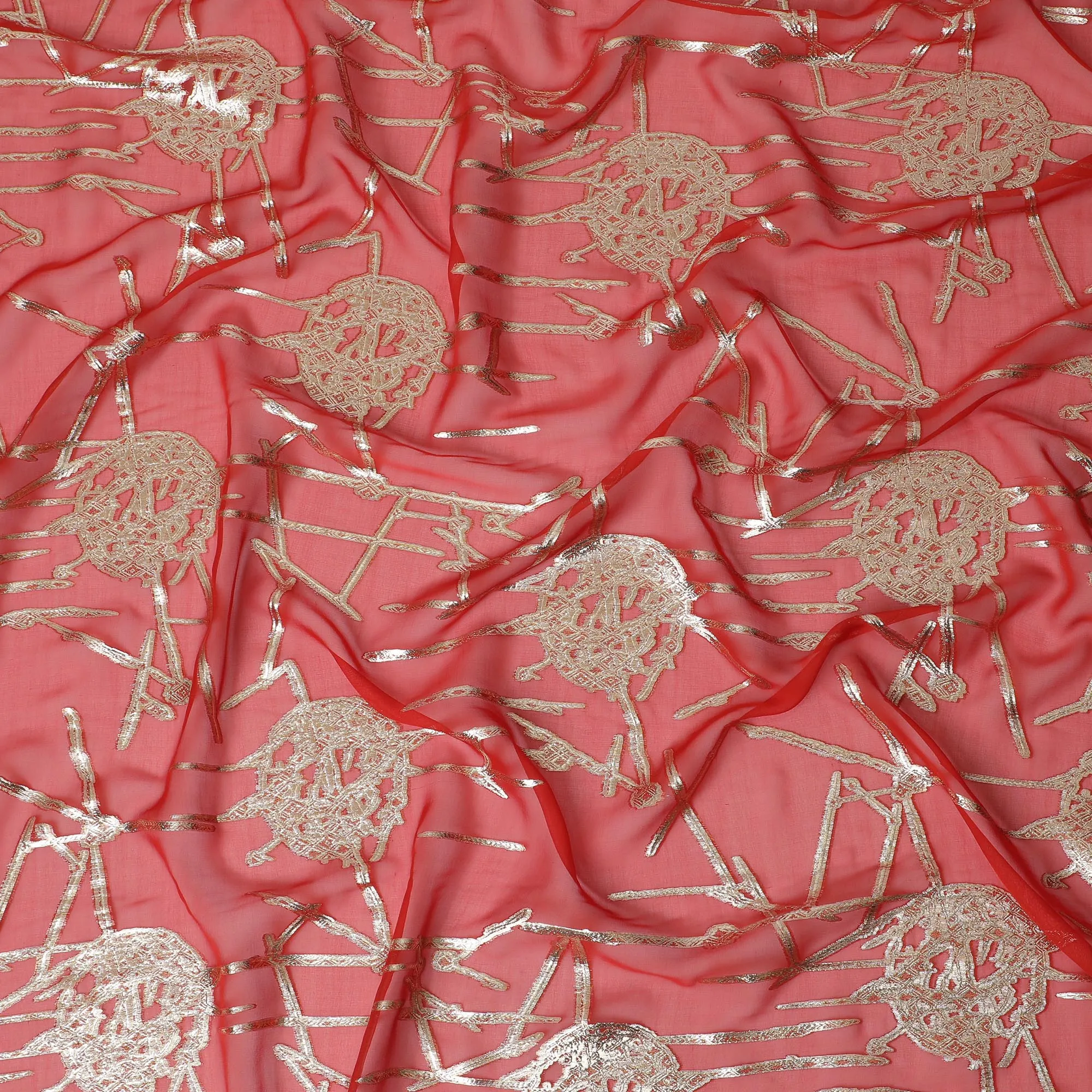 Vibrant Coral Silk Chiffon Fabric with Metallic Lurex, 110 cm Wide, South Korean Design-D19578