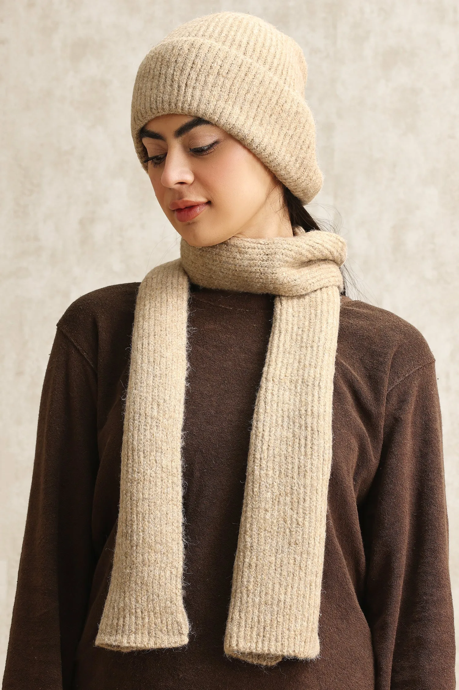 WARM WOOLEN BEANIE AND SCARF DUO-BEIGE