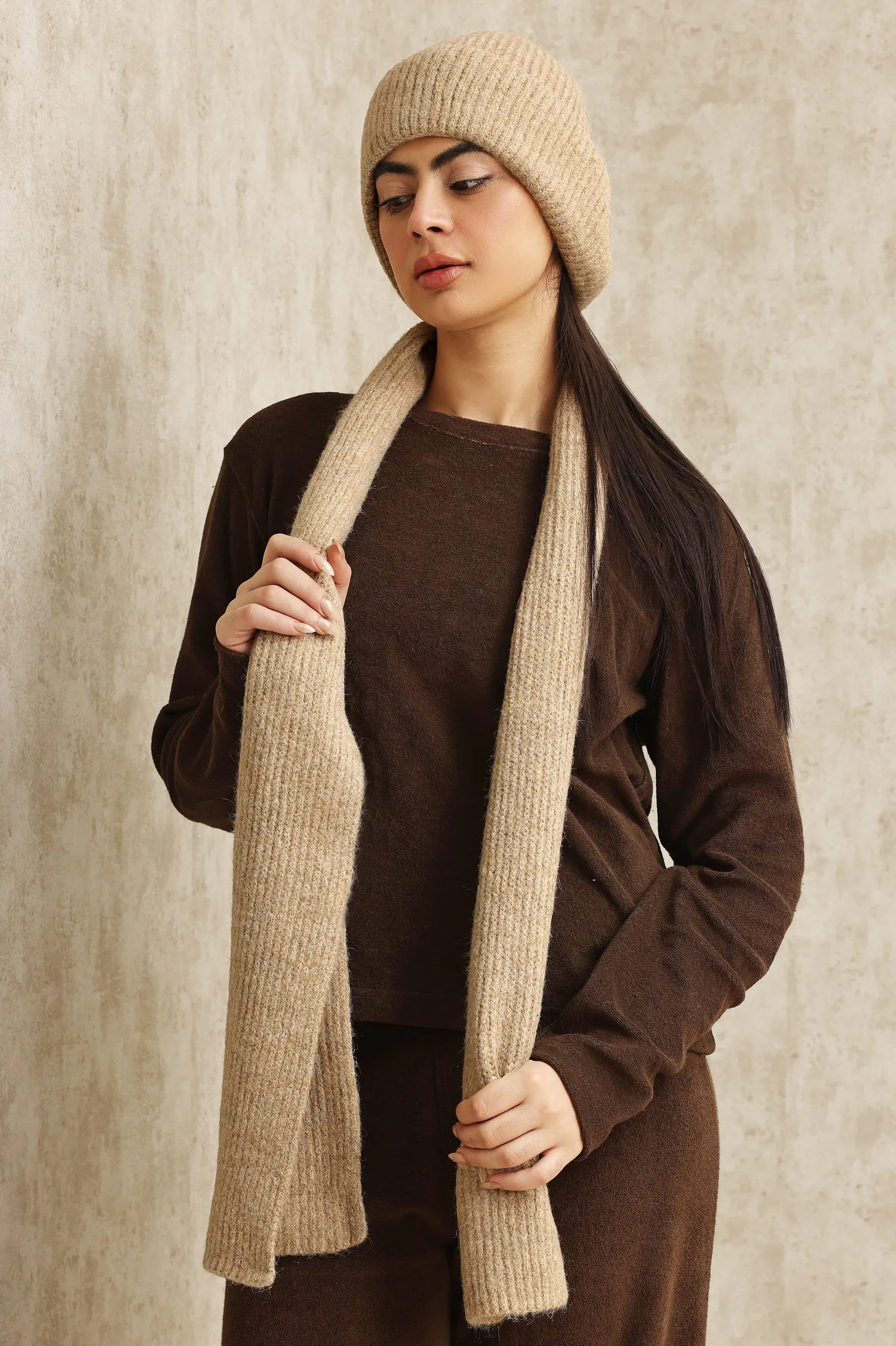 WARM WOOLEN BEANIE AND SCARF DUO-BEIGE