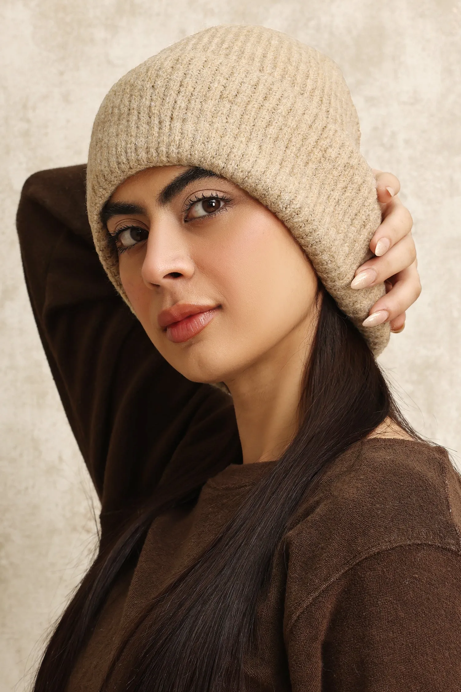 WARM WOOLEN BEANIE AND SCARF DUO-BEIGE