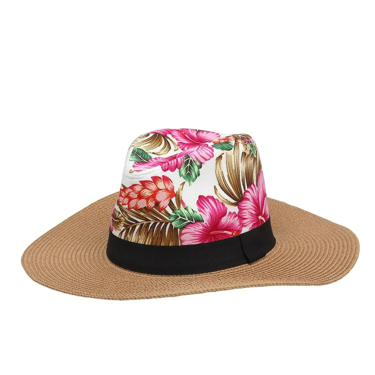 Wide-brimmed Straw Hat Flowers Pink