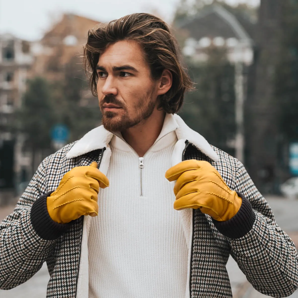 William (yellow) - goatskin leather gloves with warm fleece lining and press-stud