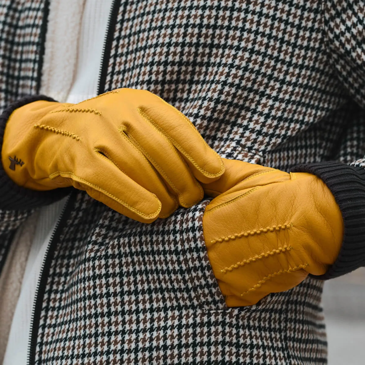 William (yellow) - goatskin leather gloves with warm fleece lining and press-stud