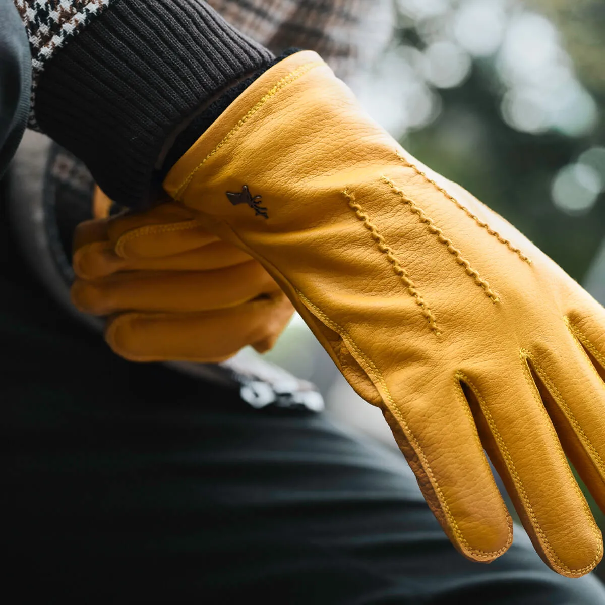 William (yellow) - goatskin leather gloves with warm fleece lining and press-stud