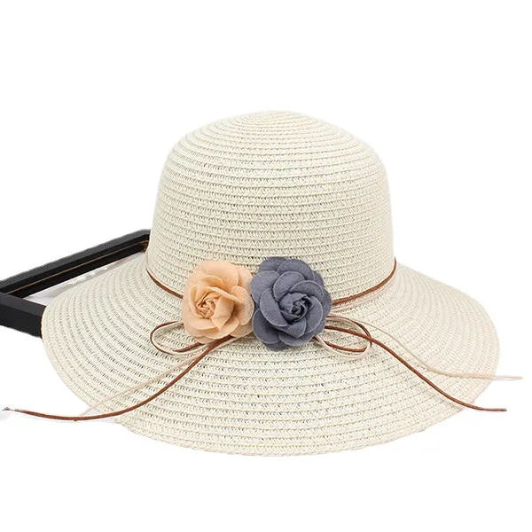 Women Folding Woven Wide Brimmed Bucket Hat Outdoor Bandage Beach Dress Visor With Bowknot